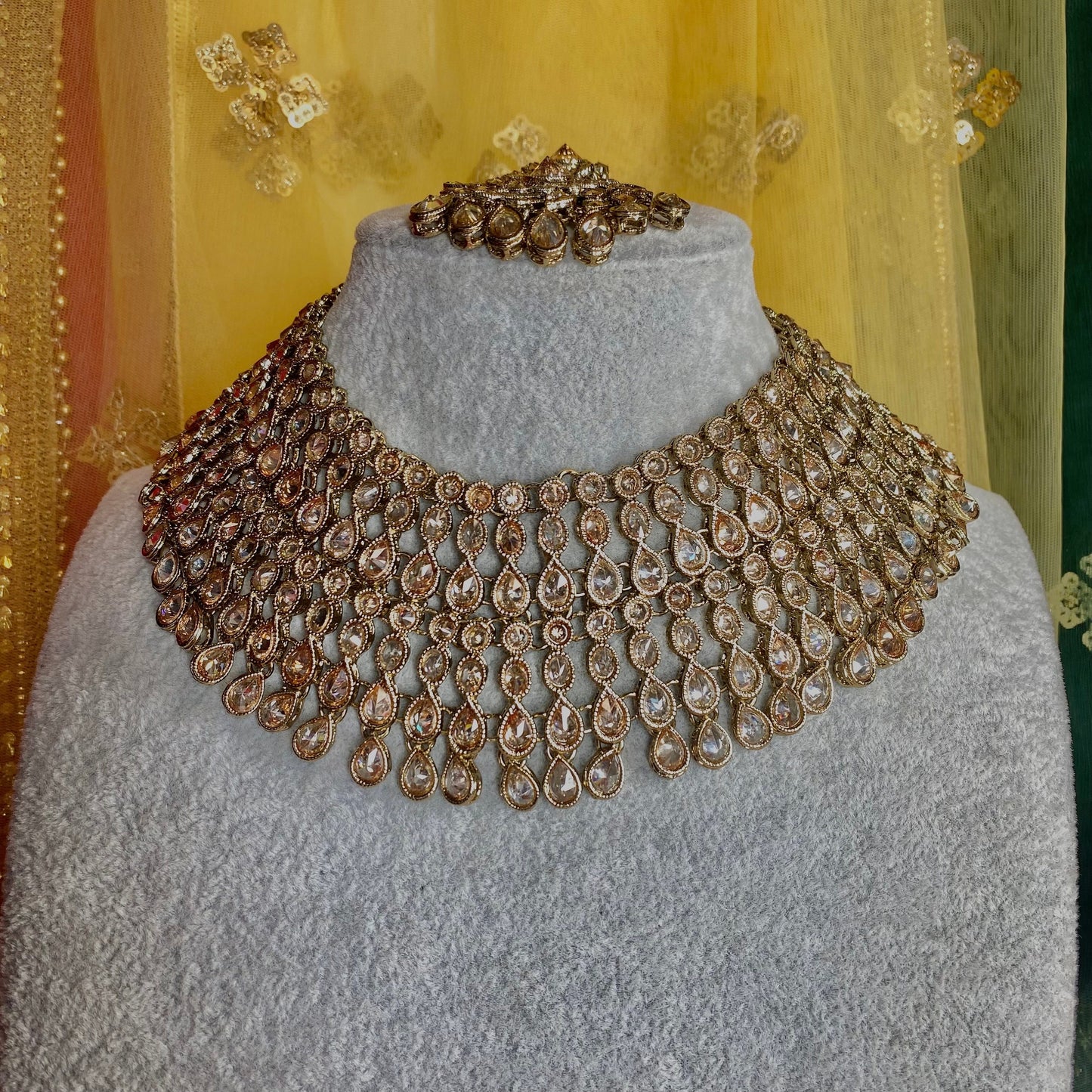 Antique gold & champagne Bridal necklace set Indian/ Pakistani Style/Wedding/Earring/Tikka