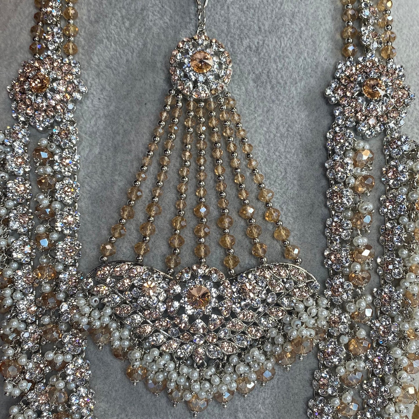 Sparkly Silver Choker, Mala and Jhumar - Silver and Peach Indian/ Pakistani Style With Jhumar