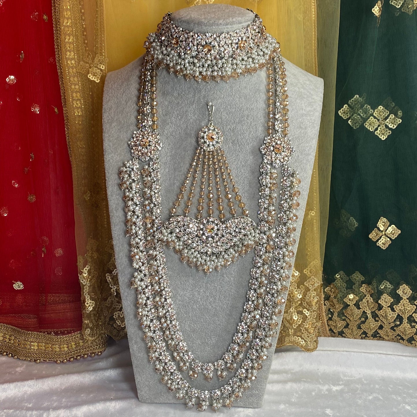 Sparkly Silver Choker, Mala and Jhumar - Silver and Peach Indian/ Pakistani Style With Jhumar