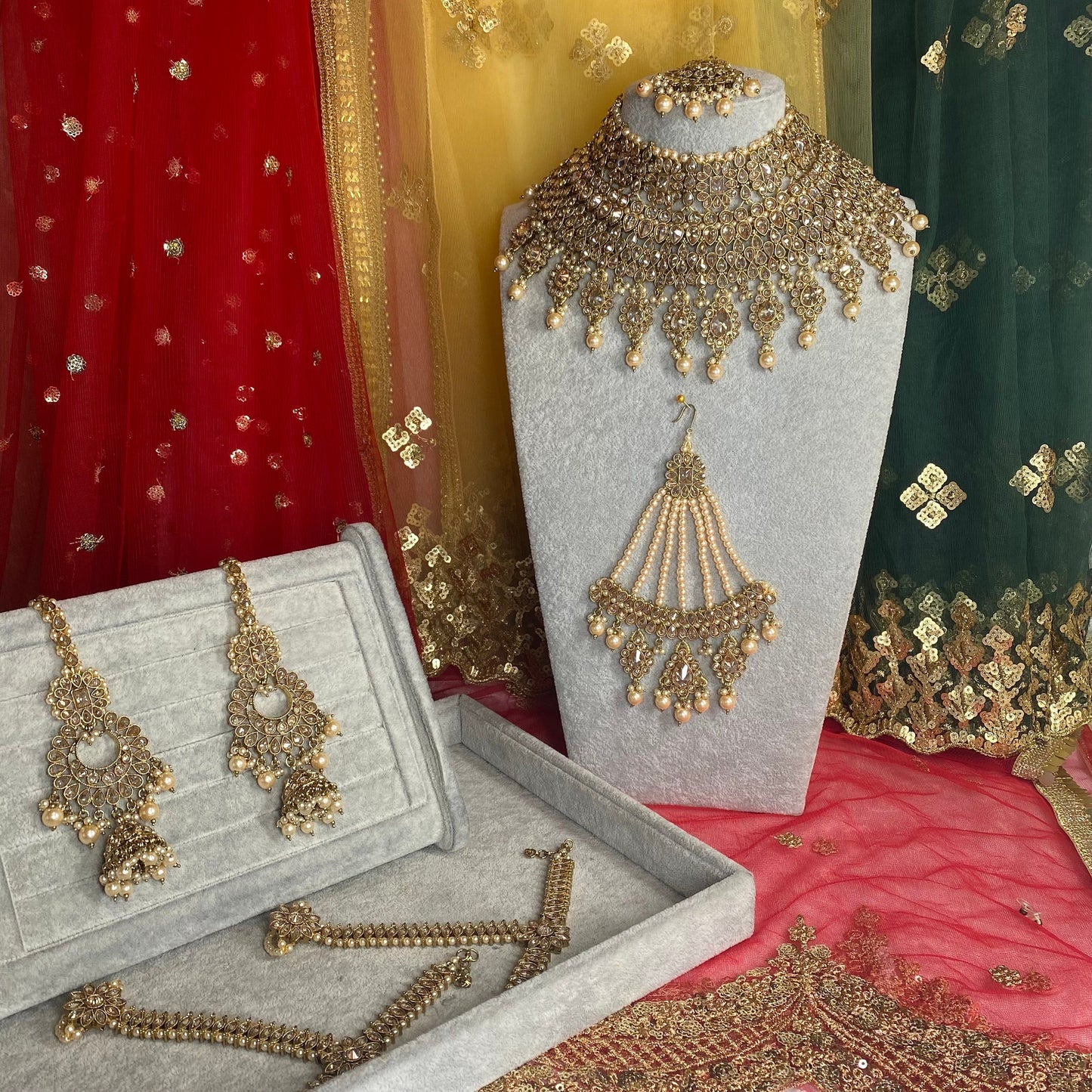 Antique Gold Crystal Full Bridal Set With Jhumar Indian/ Pakistani Style/ Wedding/ Fashion Jewellery/ Necklace set