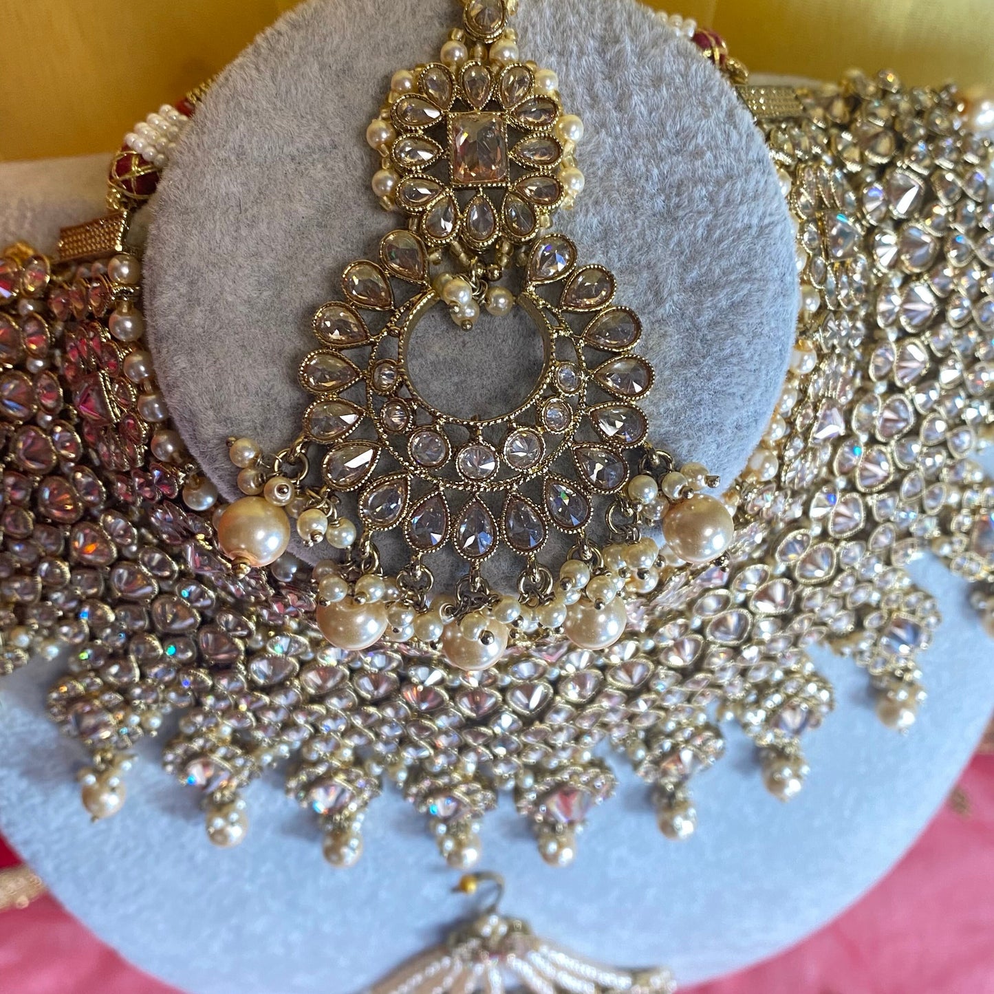 Antique Gold Crystal Full Bridal Set With Jhumar Indian/ Pakistani Style/ Wedding/ Fashion Jewellery/ Necklace set