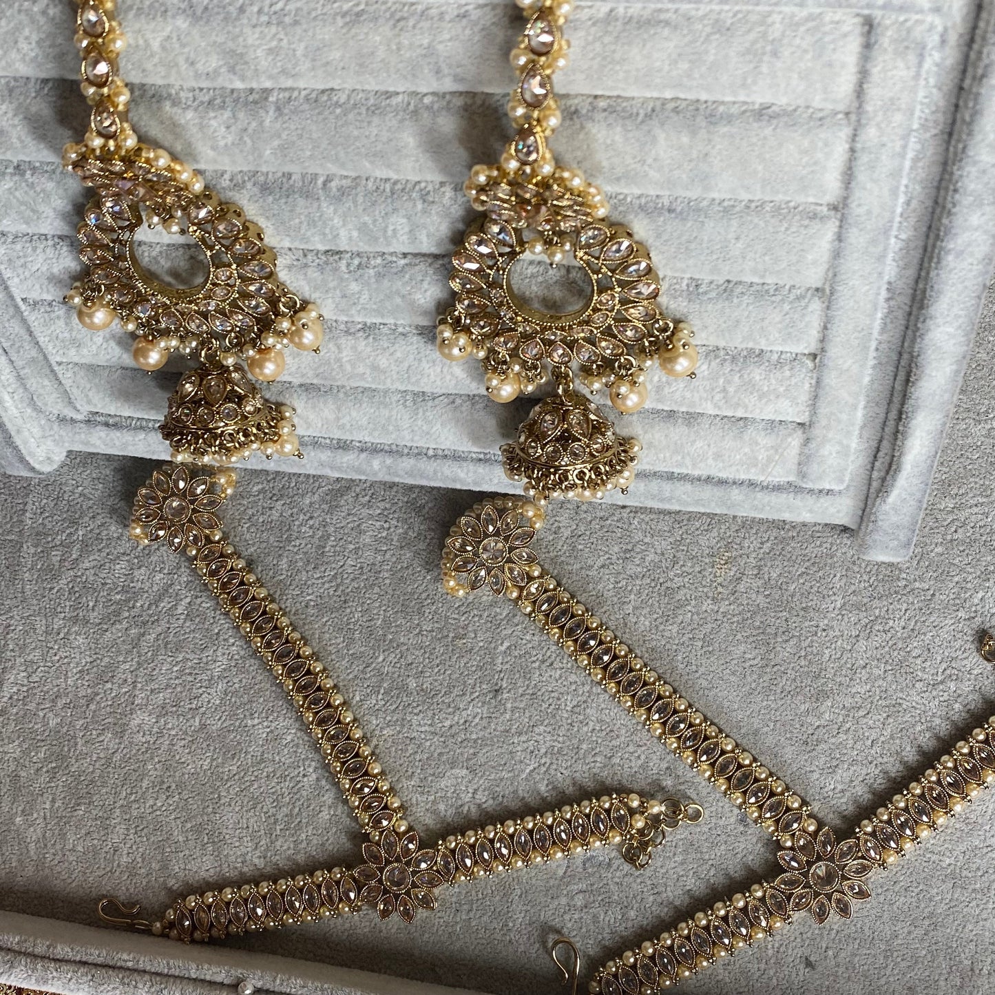 Antique Gold Crystal Full Bridal Set With Jhumar Indian/ Pakistani Style/ Wedding/ Fashion Jewellery/ Necklace set