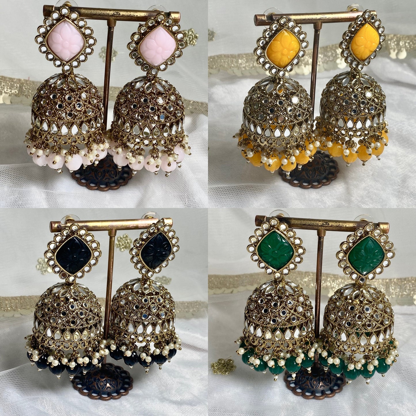 Yellow Large Mirror Jhumka Earrings