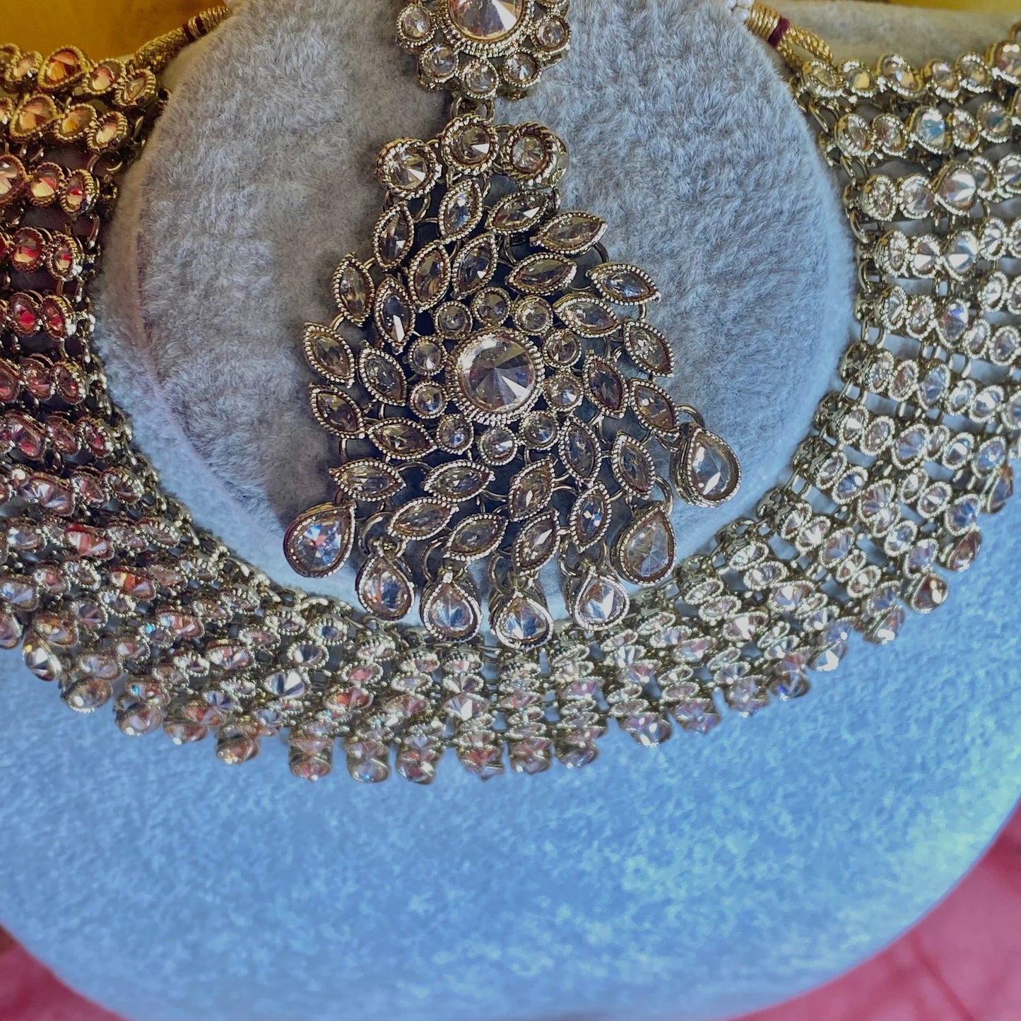 Antique gold & champagne Bridal necklace set Indian/ Pakistani Style/Wedding/Earring/Tikka