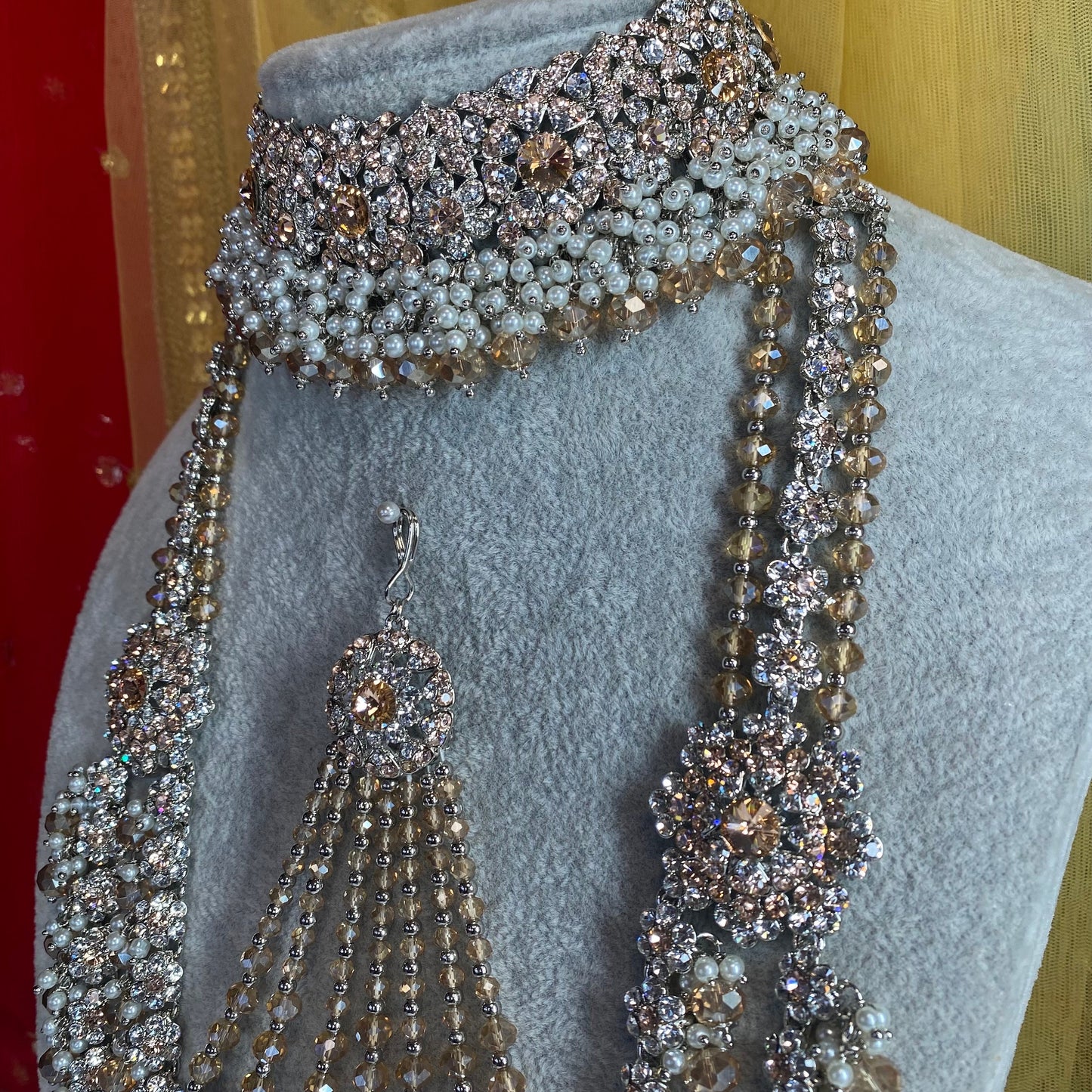 Sparkly Silver Choker, Mala and Jhumar - Silver and Peach Indian/ Pakistani Style With Jhumar