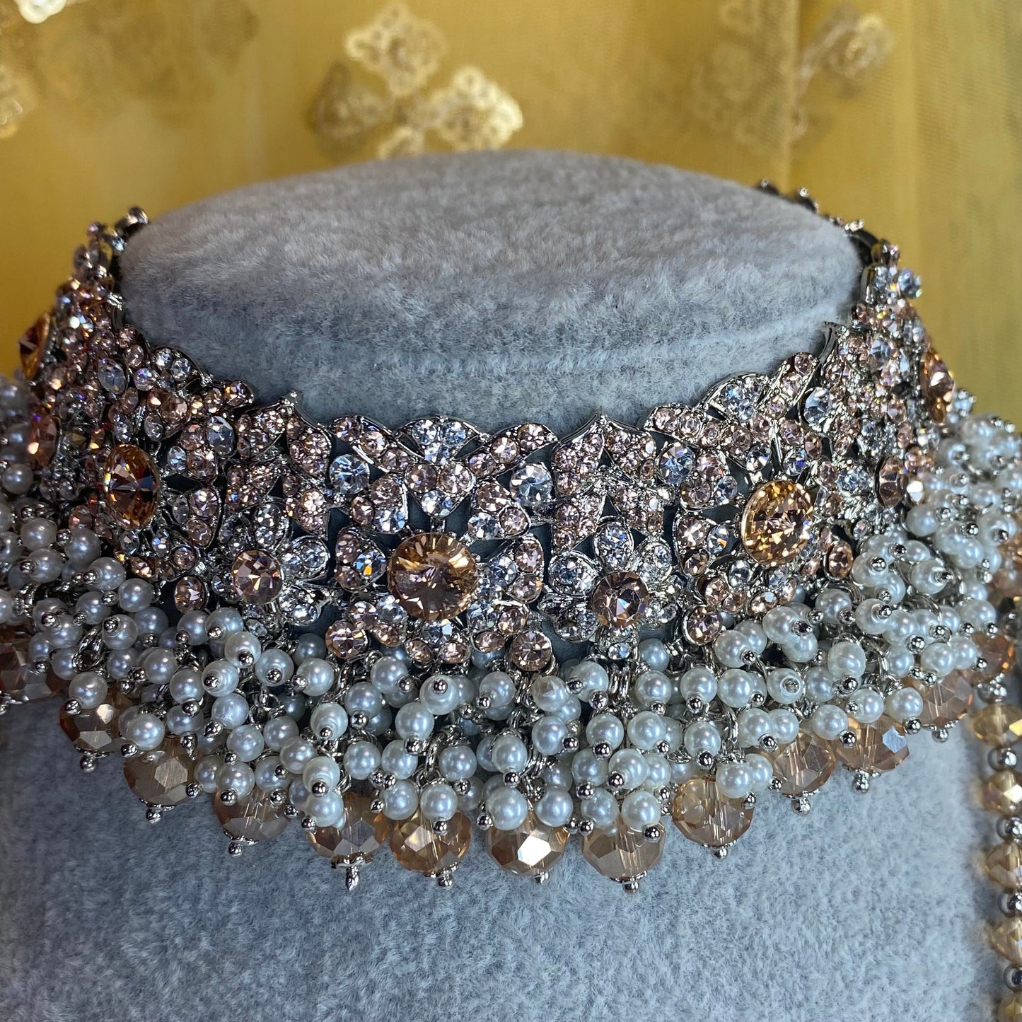 Sparkly Silver Choker, Mala and Jhumar - Silver and Peach Indian/ Pakistani Style With Jhumar