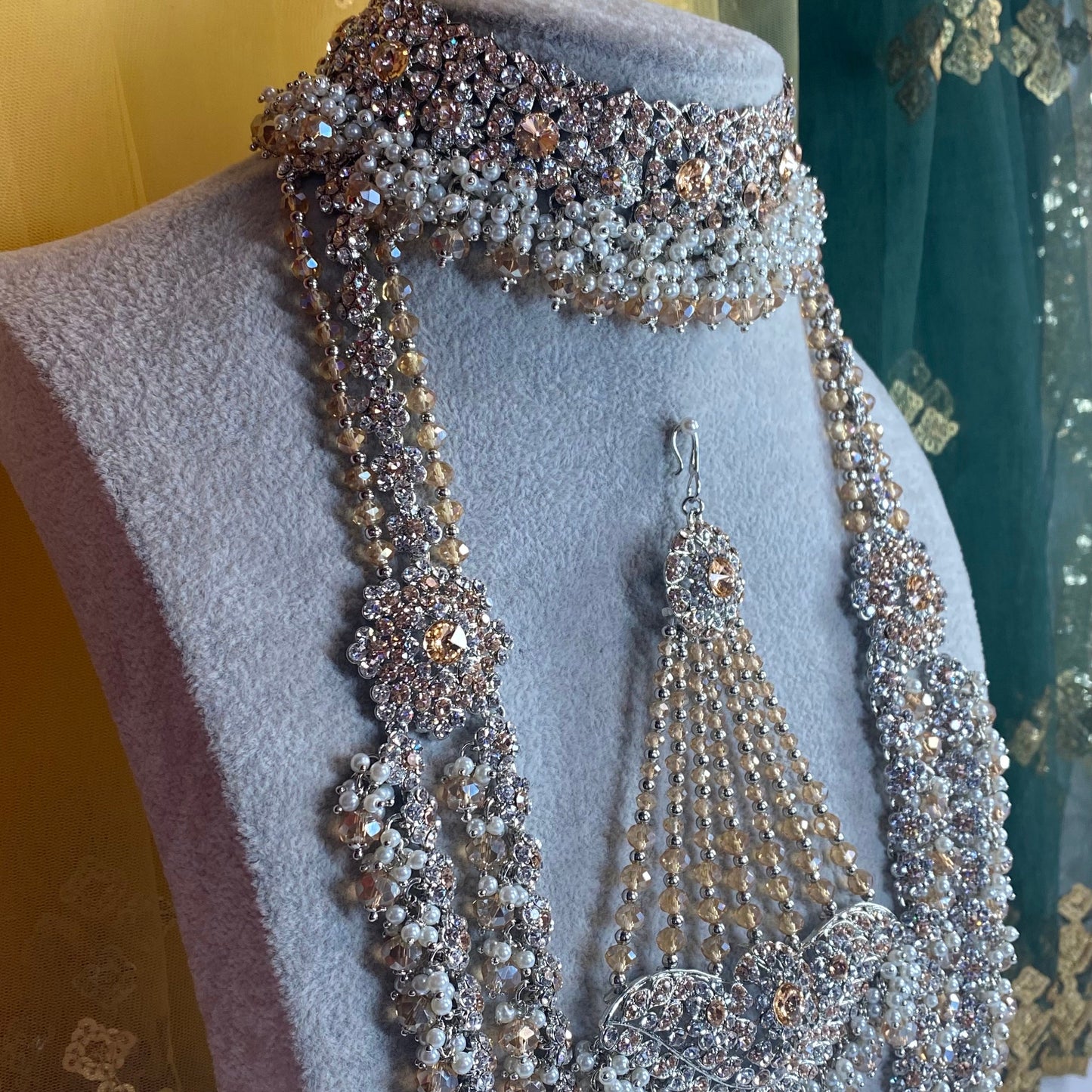 Sparkly Silver Choker, Mala and Jhumar - Silver and Peach Indian/ Pakistani Style With Jhumar