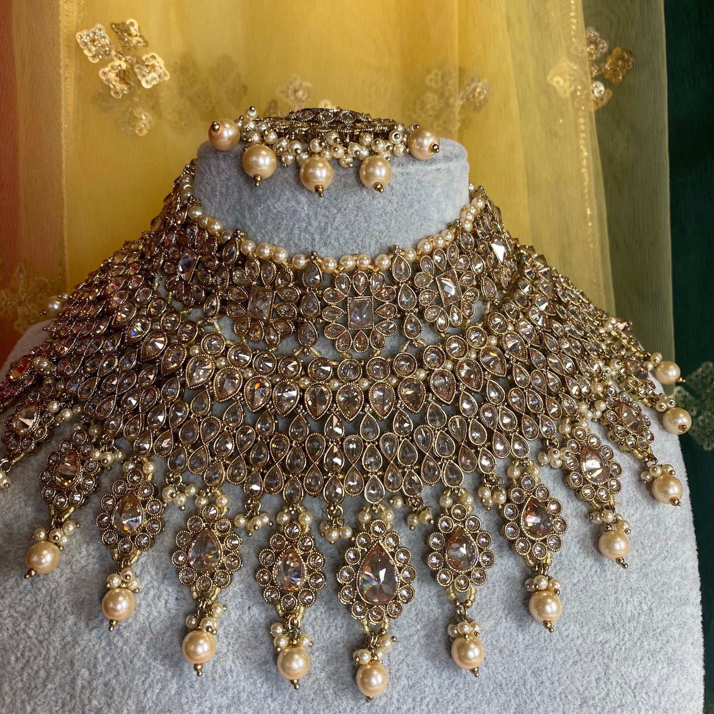 Antique Gold Crystal Full Bridal Set With Jhumar Indian/ Pakistani Style/ Wedding/ Fashion Jewellery/ Necklace set