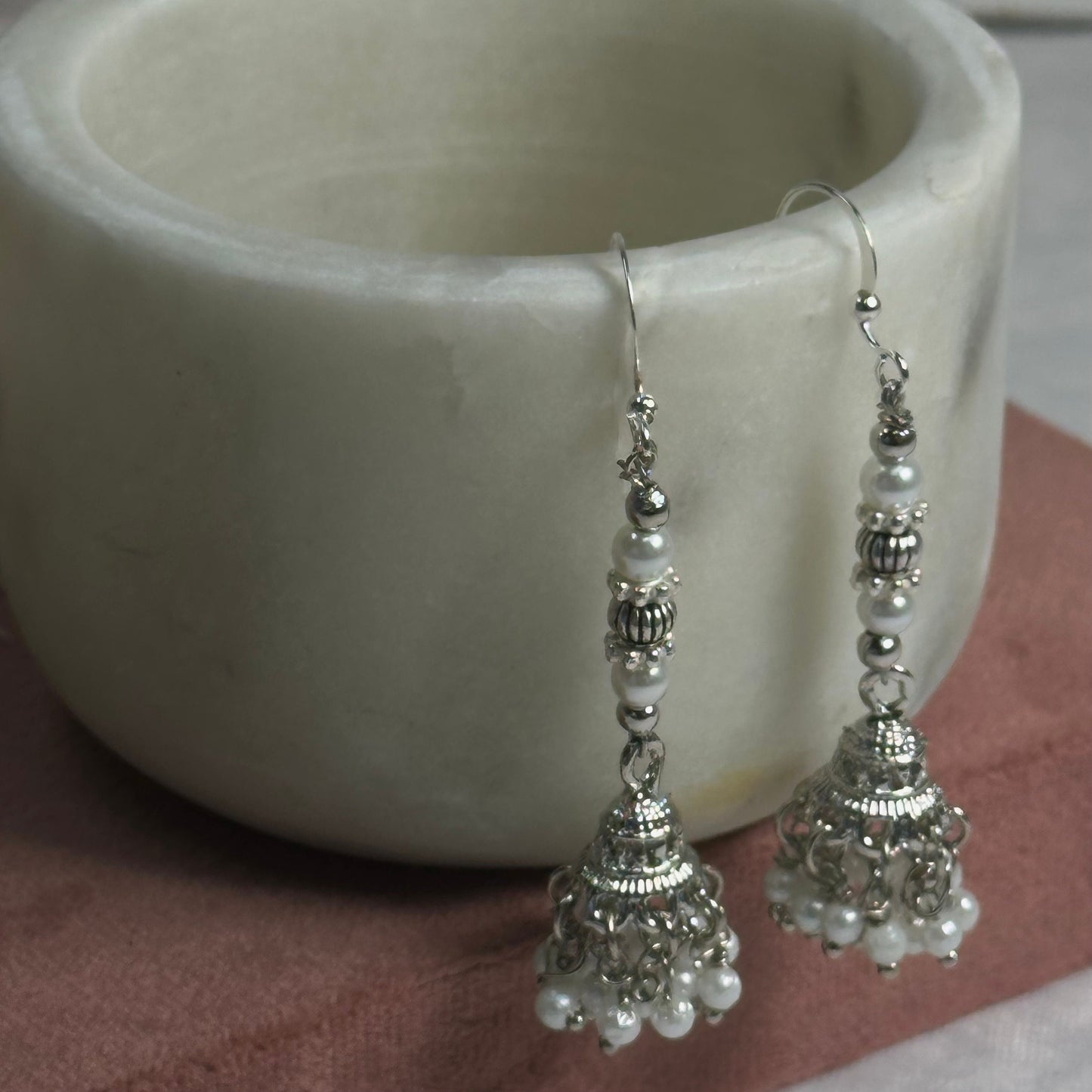 Silver Micro Jhumka Earrings - White Earrings/ Indian Style Earring/ Fashion Jewellery/ Gift for Women/Valentines gifts