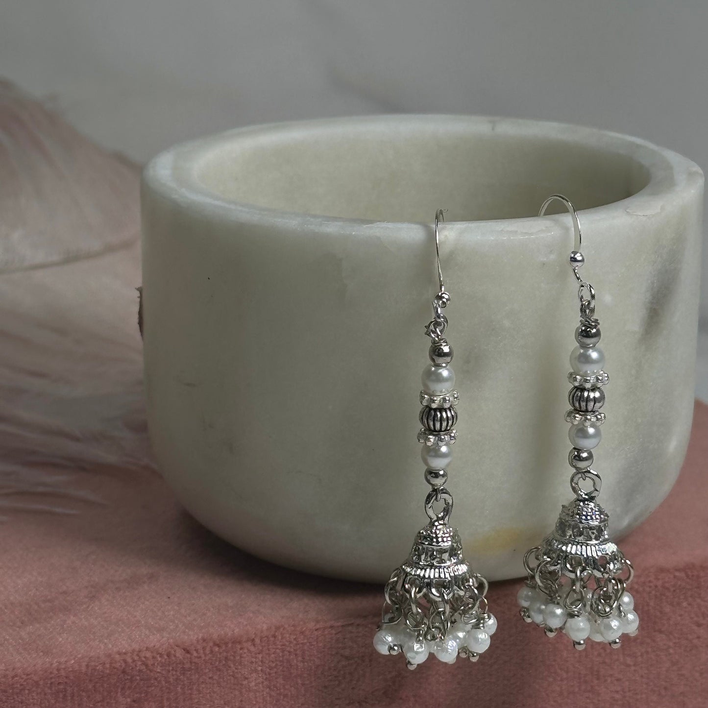Silver Micro Jhumka Earrings - White Earrings/ Indian Style Earring/ Fashion Jewellery/ Gift for Women/Valentines gifts