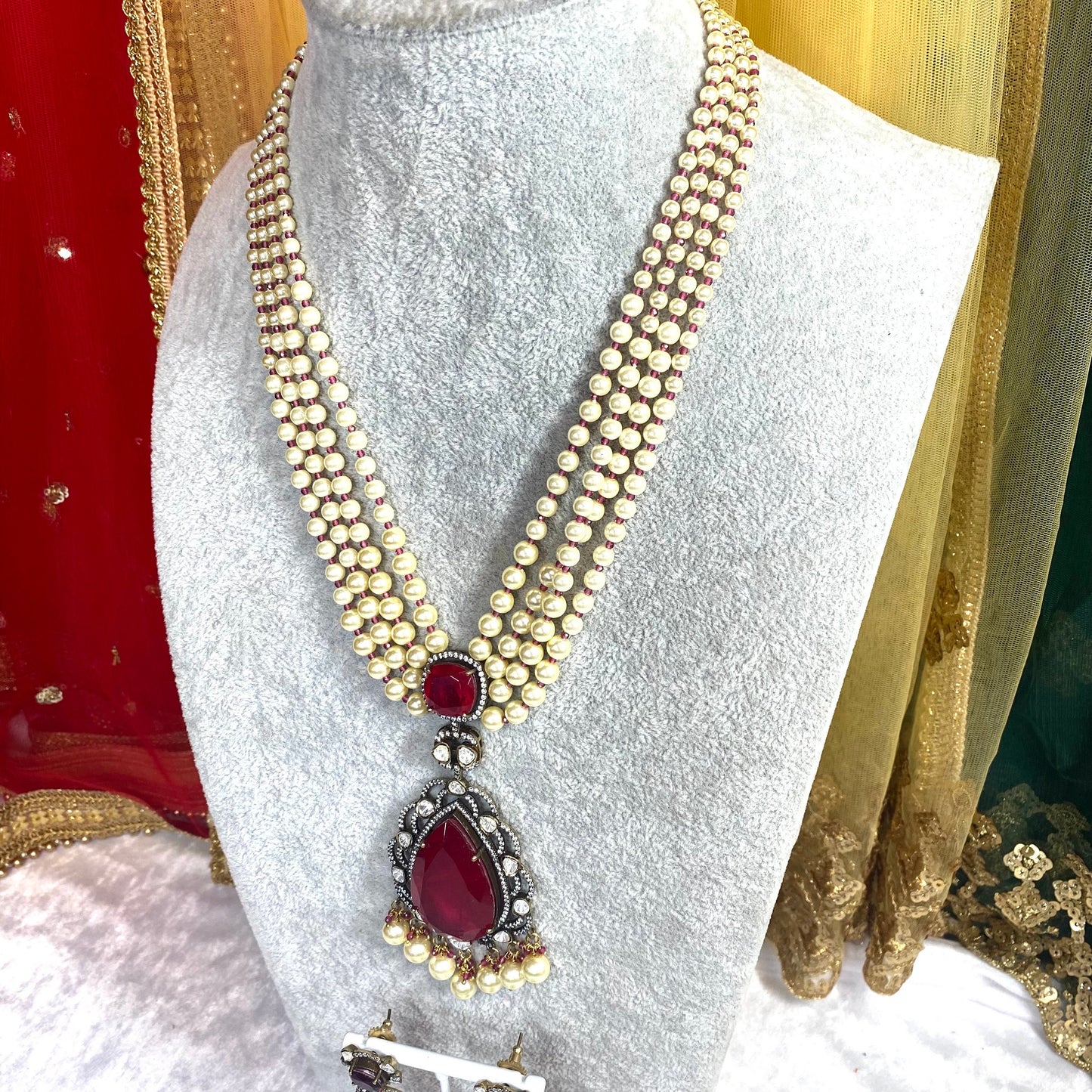 Ruby long necklace set - pearl Earring/ Tikka/ Tikli/ Indian/ Pakistani/Fashion Jewellery/ Gift for Women