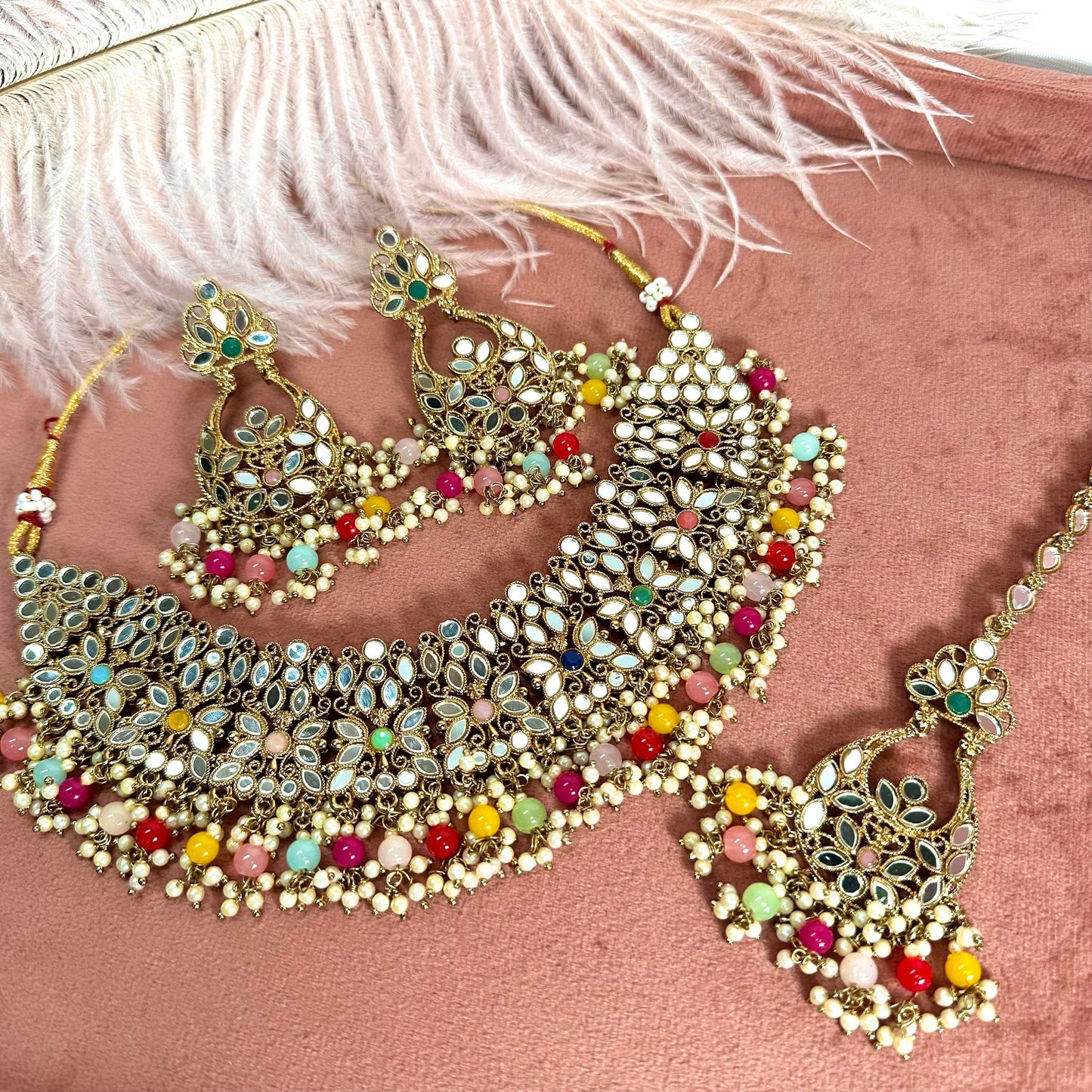 Mirror Multicolour Necklace Set Earring/ Tikka/ Tikli/ Indian/ Pakistani/Fashion Jewellery/ Gift for Women