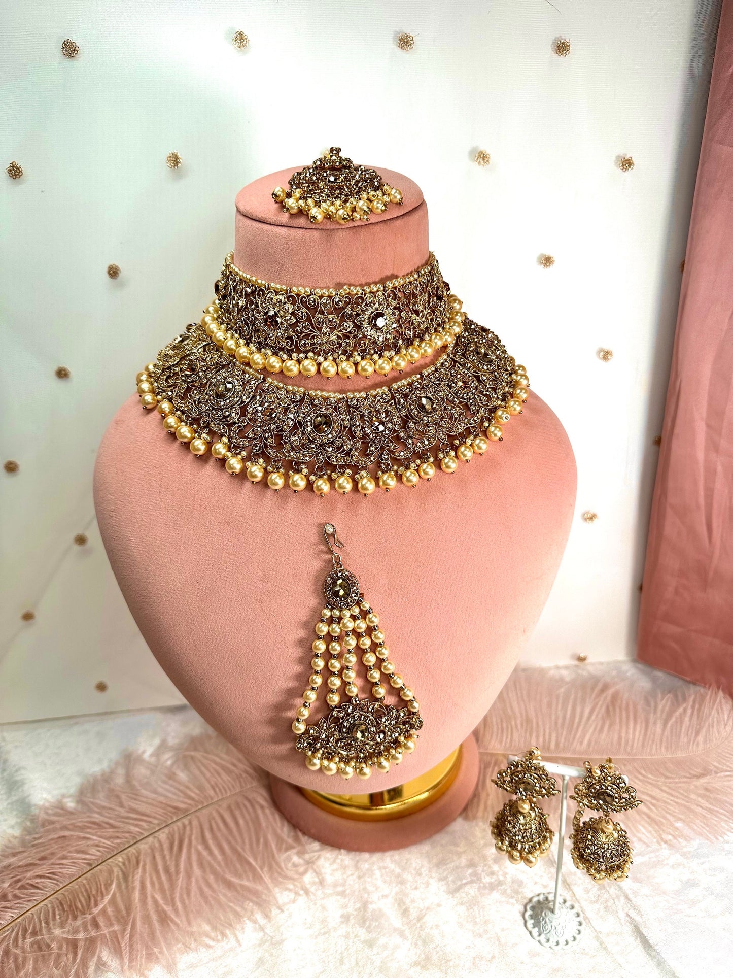 Antique Gold & Champagne Bridal Double Necklace Set
