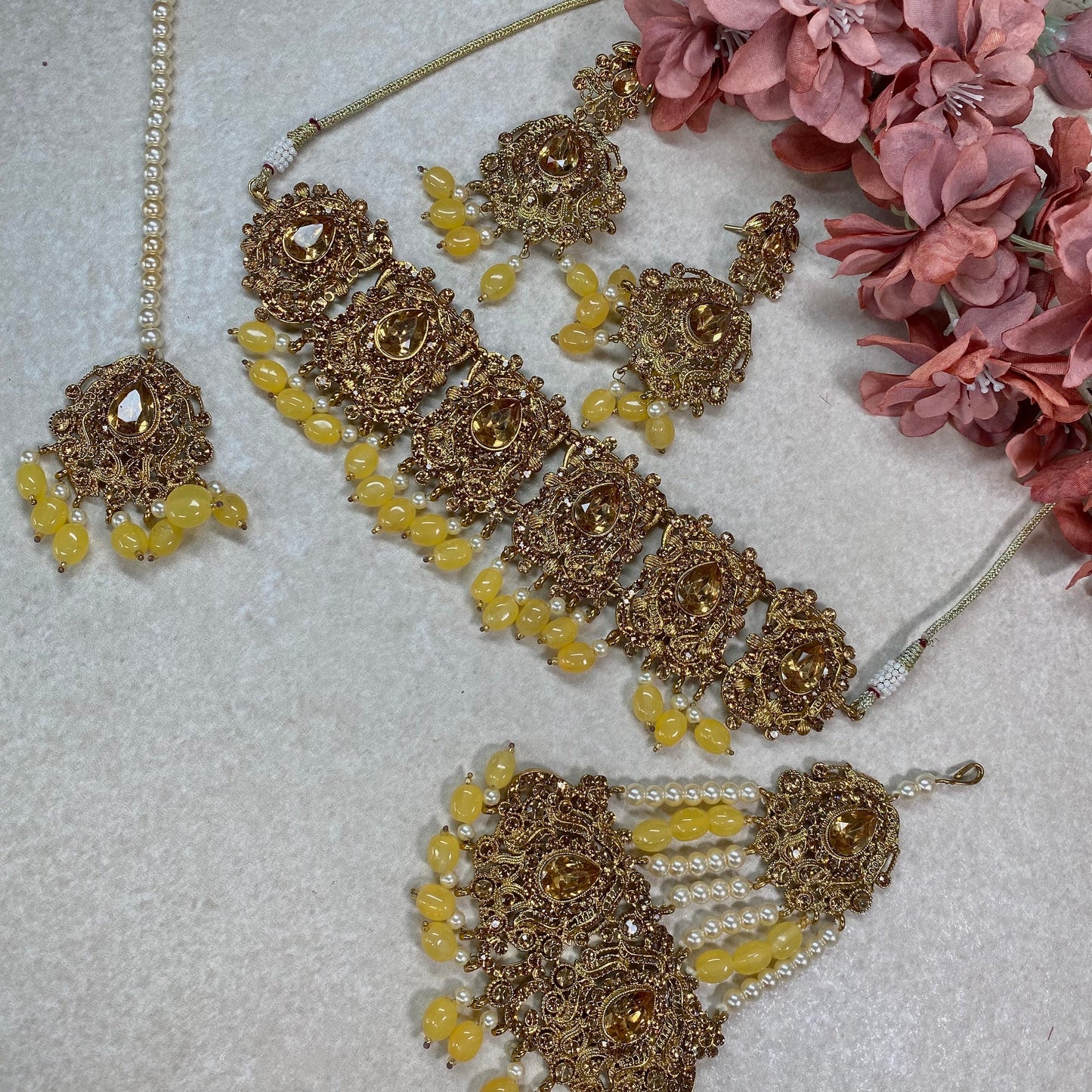 Golden and Yellow Bead Choker Indian/ Pakistani Style With Jhumar/ Wedding/ Fashion Jewellery/ Necklace set