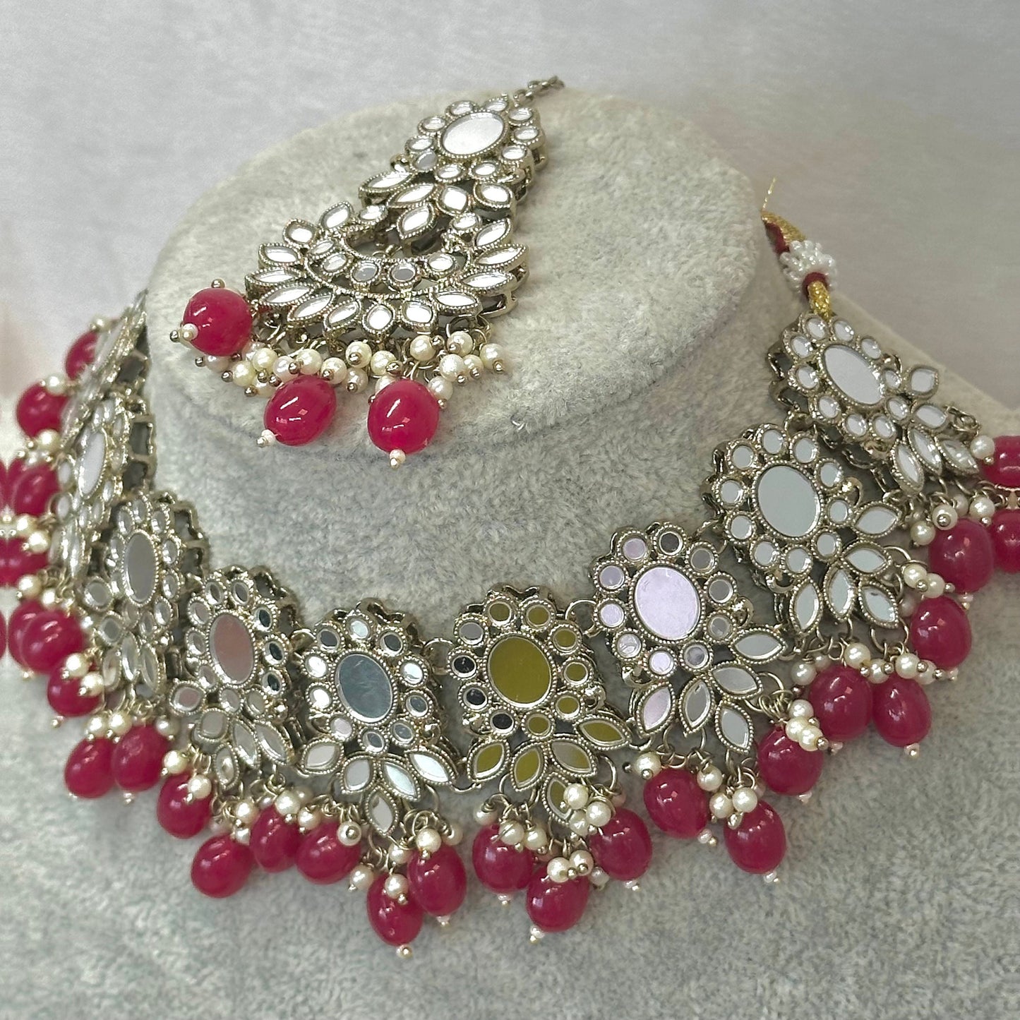 Mirror Necklace Set - Ruby Earring/ Tikka/ Tikli/ Indian/ Pakistani/Fashion Jewellery/ Gift for Women