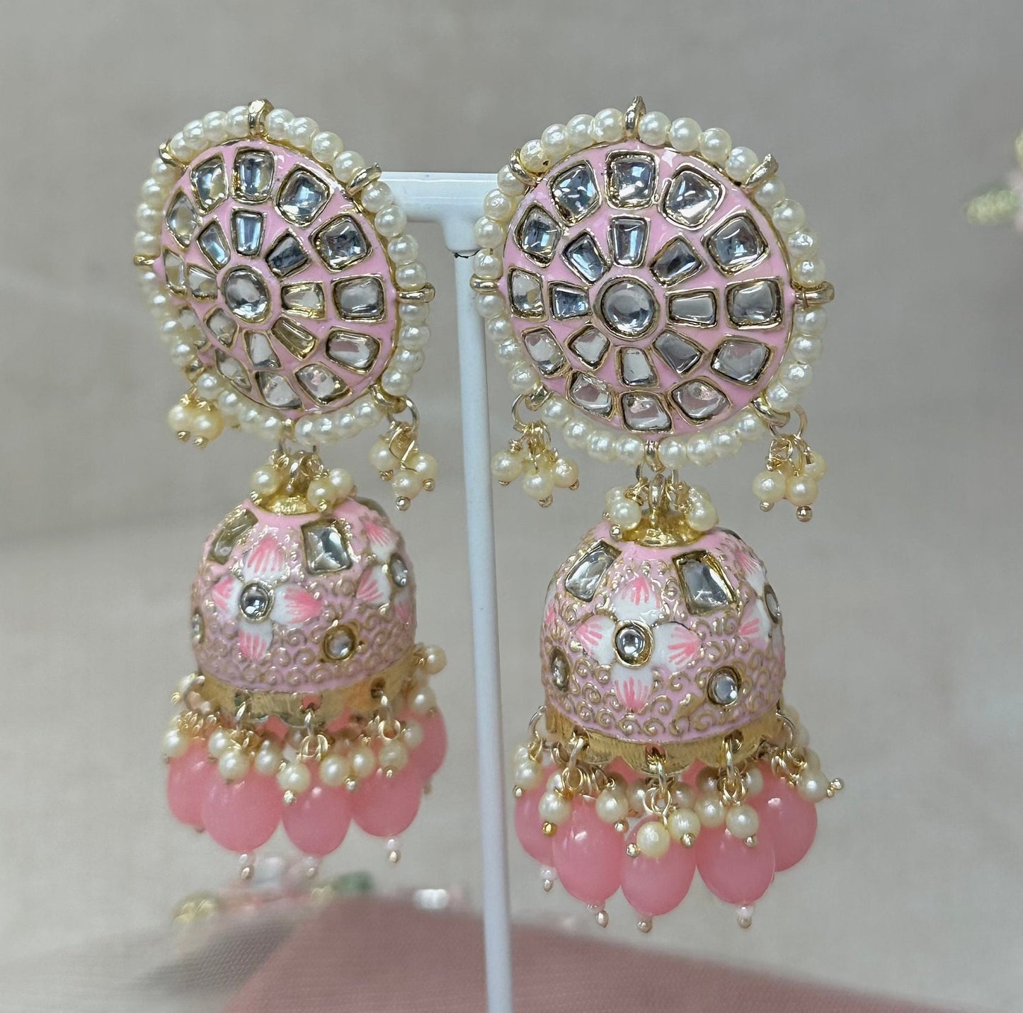 Meenakari/ Indian/ Pakistani Style/Painted Jhumka Earrings - Pink