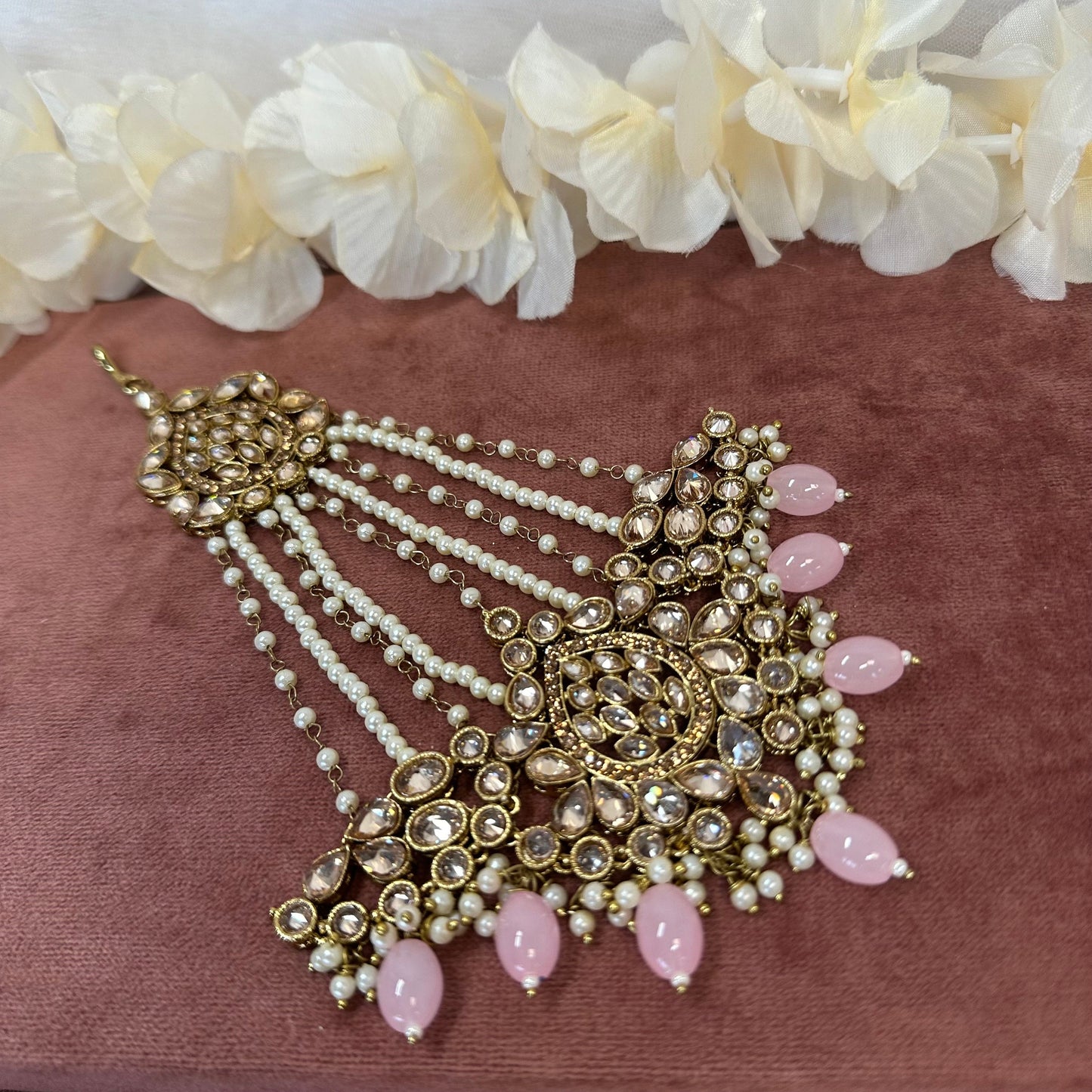 Antique Gold Jhumar - Light pink/ Passa/ Indian/ Pakistani Style/Headpieces