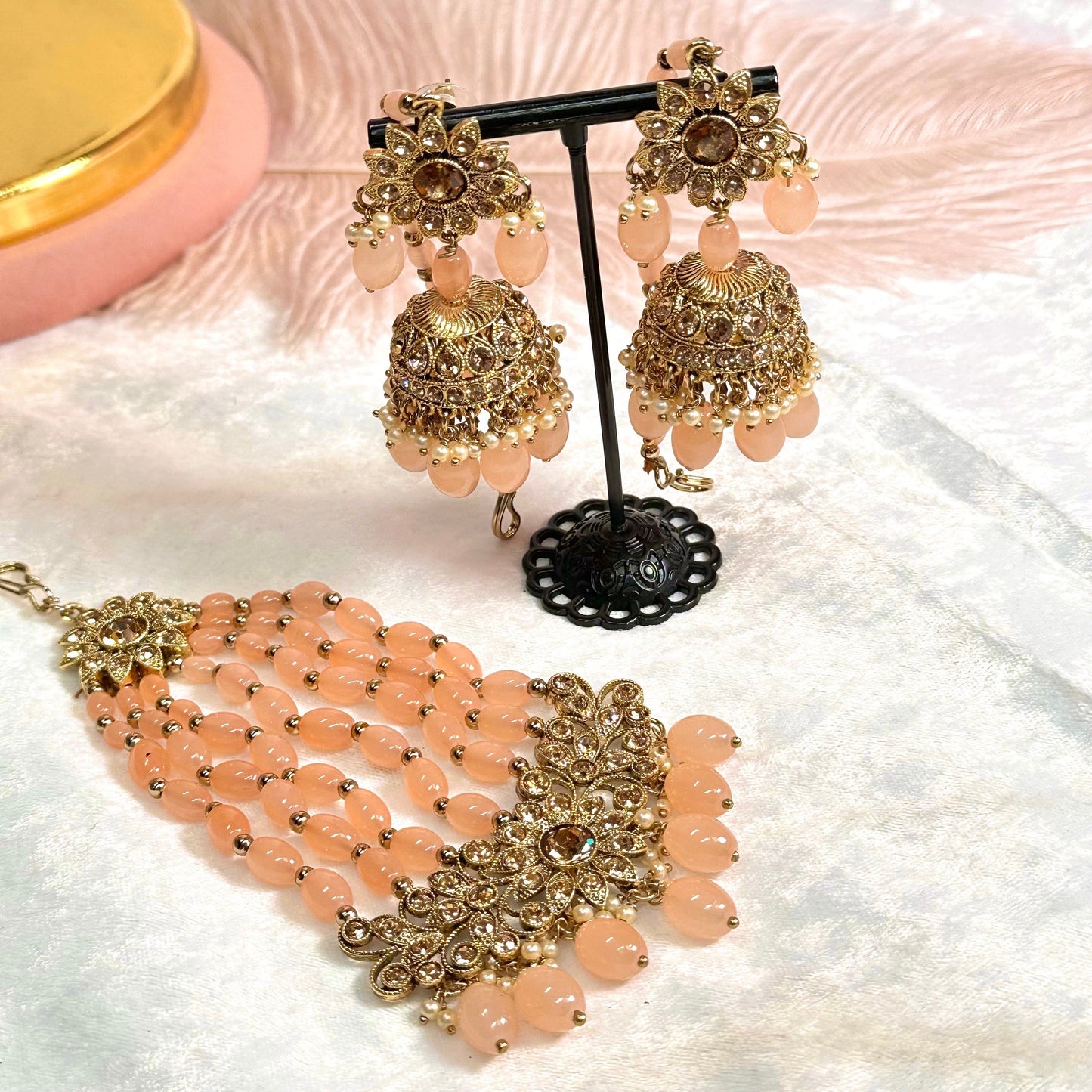 Bridal Antique Gold and Peach Necklace Set Indian/ Pakistani Style/ Wedding/ Fashion Jewellery/ Necklace set