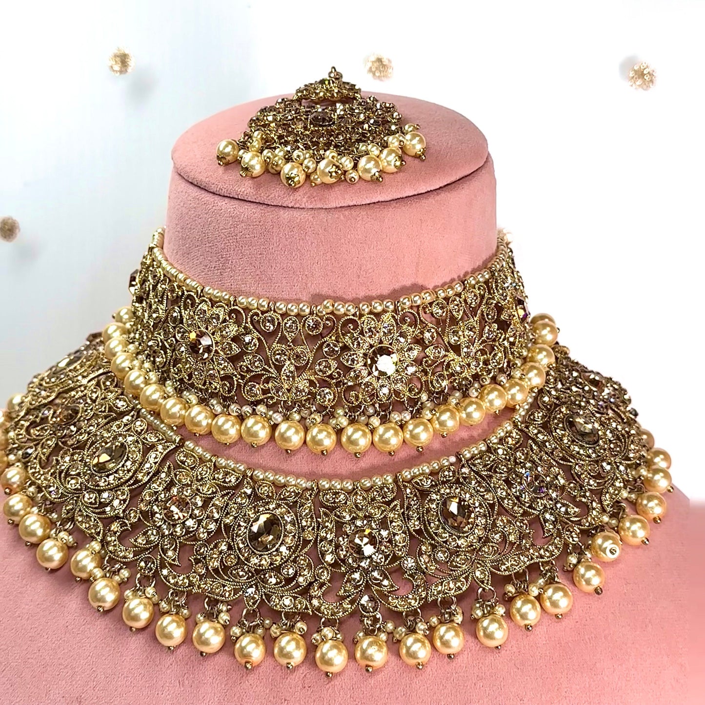 Antique Gold & Champagne Bridal Double Necklace Set