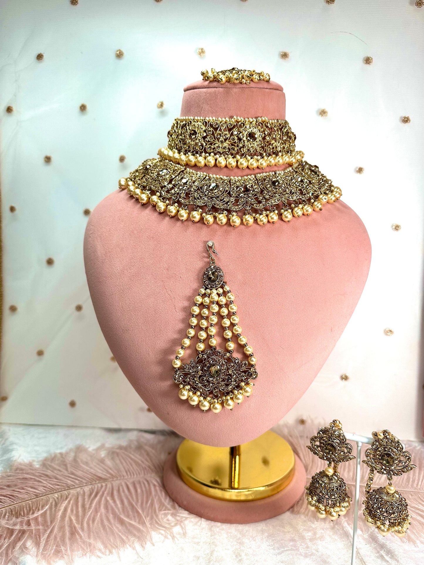 Antique Gold & Champagne Bridal Double Necklace Set