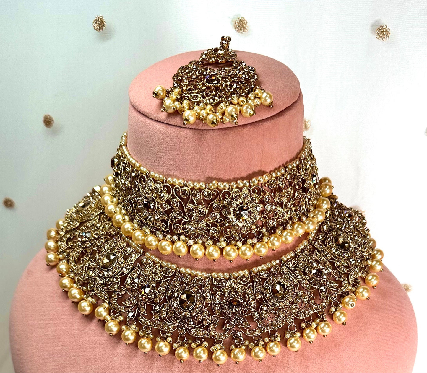 Antique Gold & Champagne Bridal Double Necklace Set