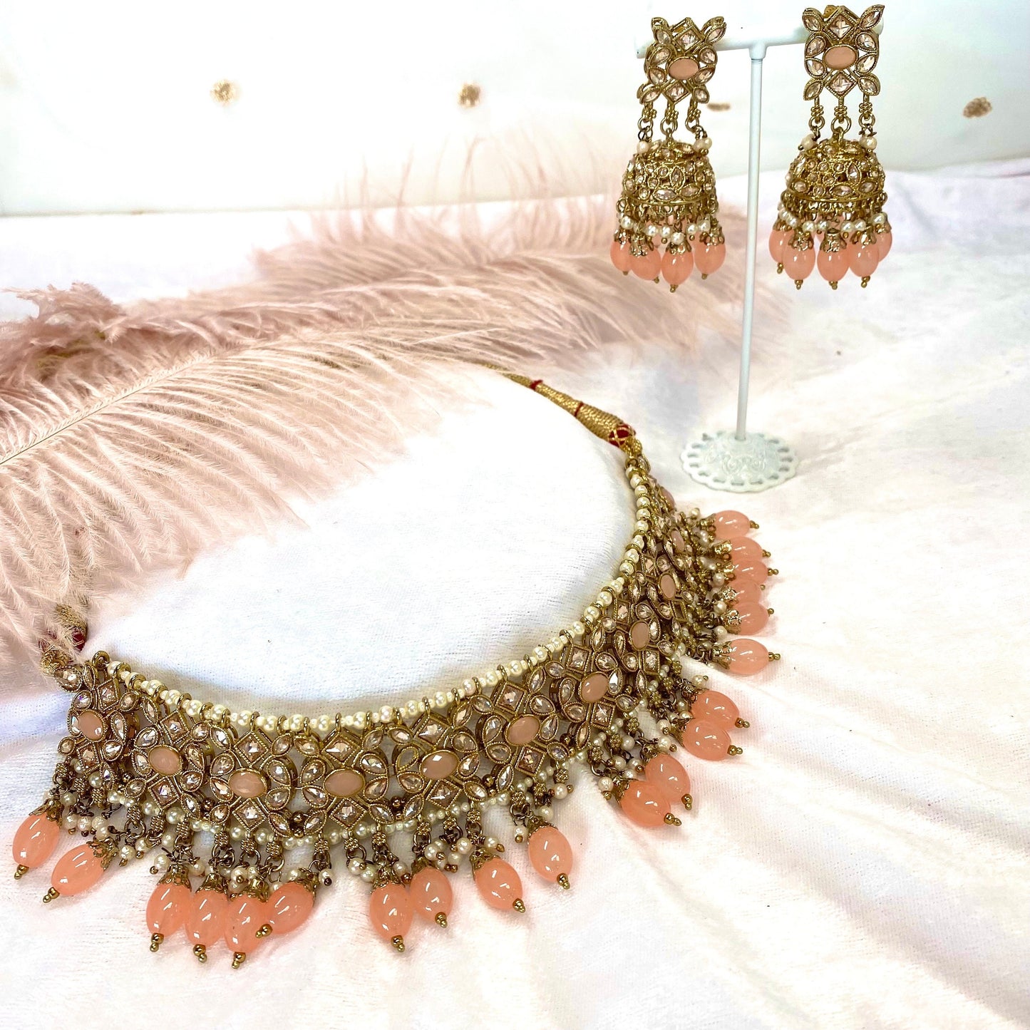 Peach Necklace and Earrings Earring/ Tikka/ Tikli/ Indian/ Pakistani/Fashion Jewellery/ Gift for Women
