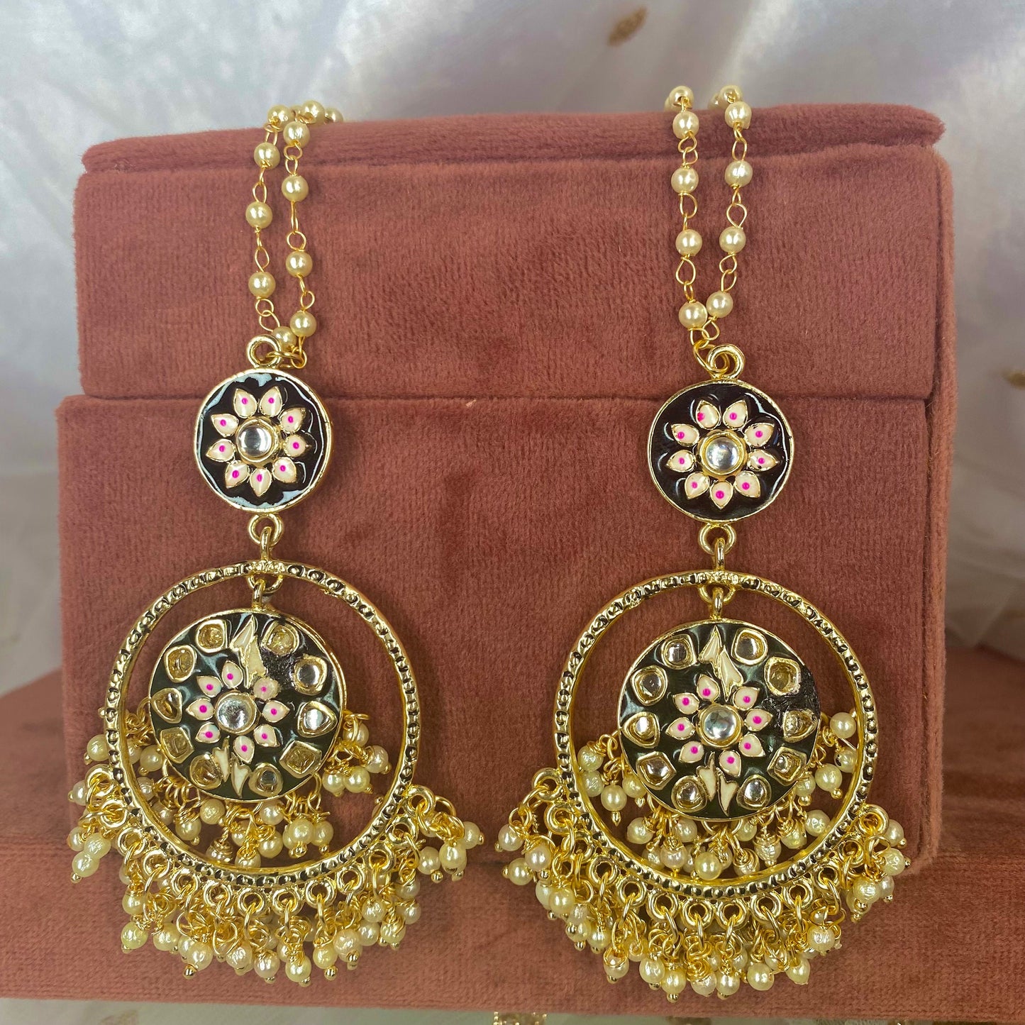Meenakari/ Indian/ Pakistani Style/ Hand-Painted Earring (Black and Pink)