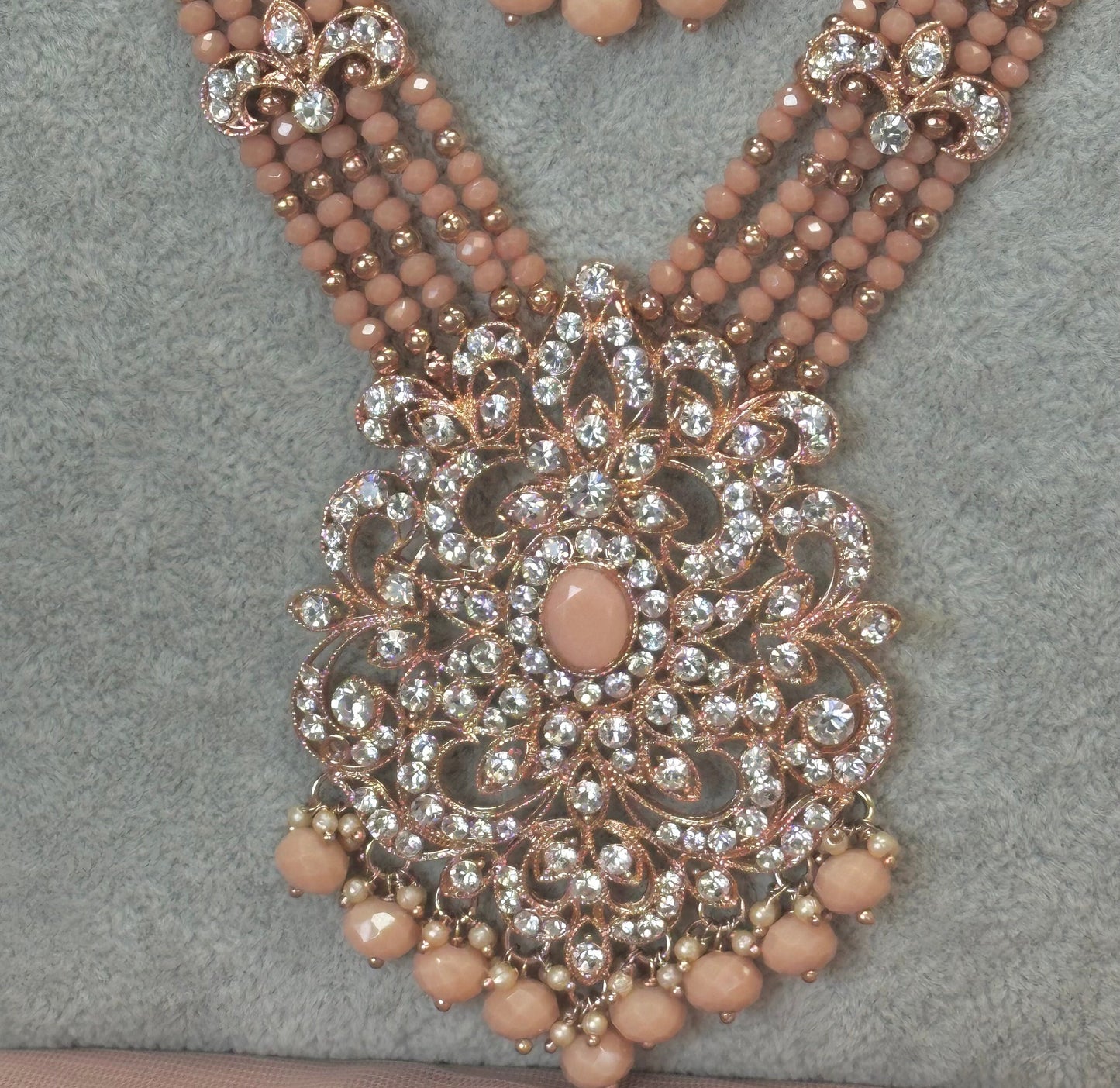 Full Bridal Set - Peach Indian/ Pakistani Style With Choker, Necklace, Earring/Mala/ Long Necklace/ Haar/ Jhumar/ Jhoomar/Wedding