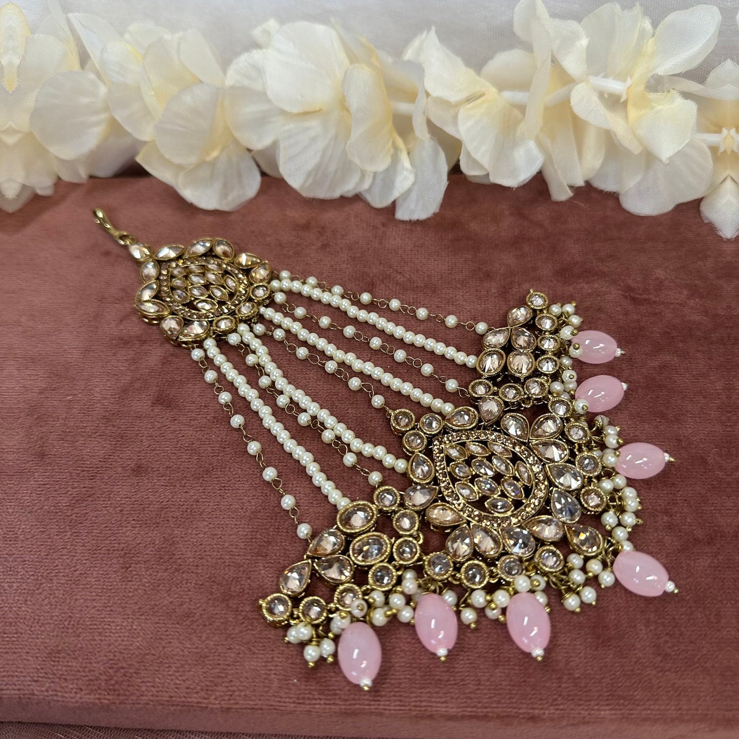 Antique Gold Jhumar - Light pink/ Passa/ Indian/ Pakistani Style/Headpieces