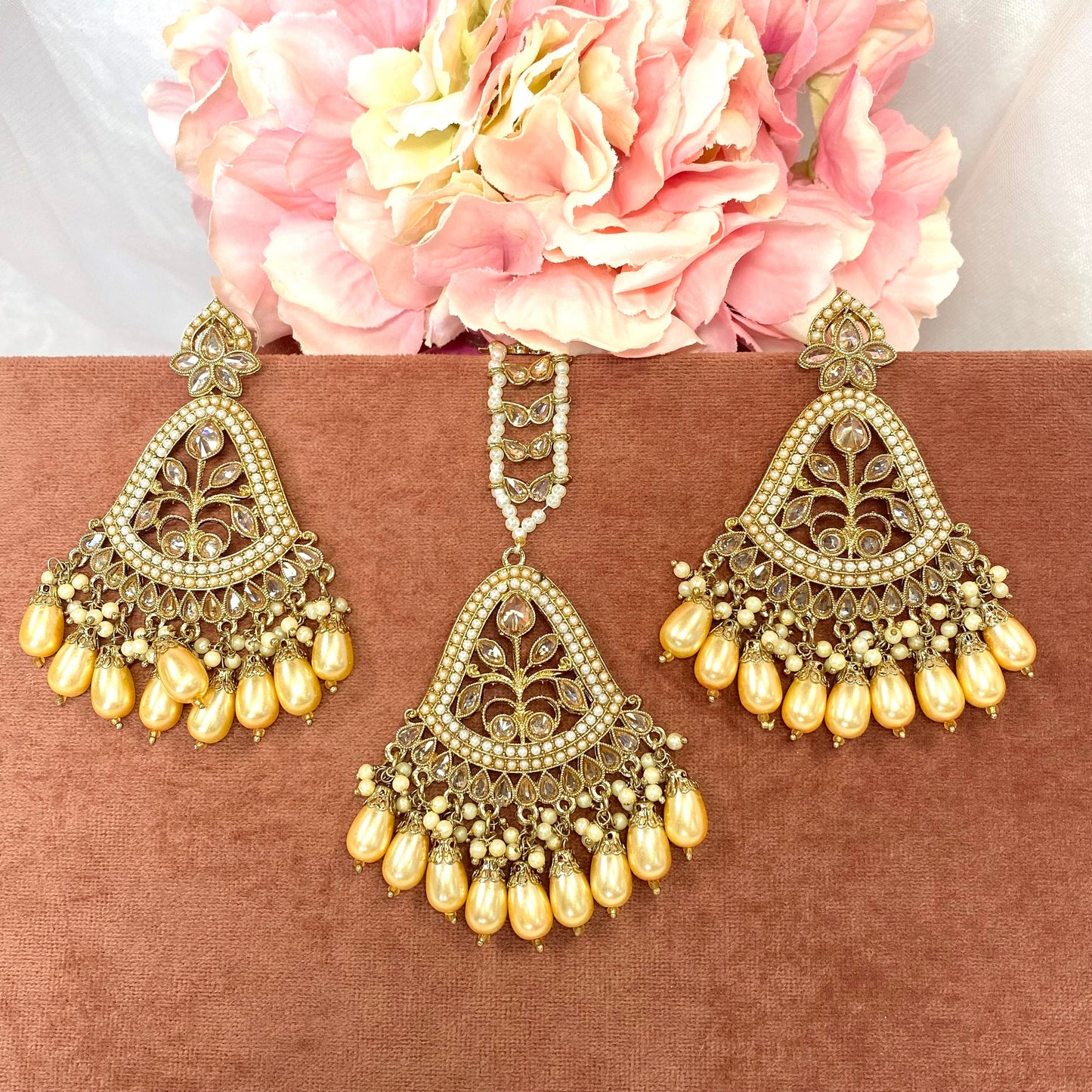 Large Earring and Tikka Set- Champagne Pearl/Flat Earring Indian/ Pakistani Style