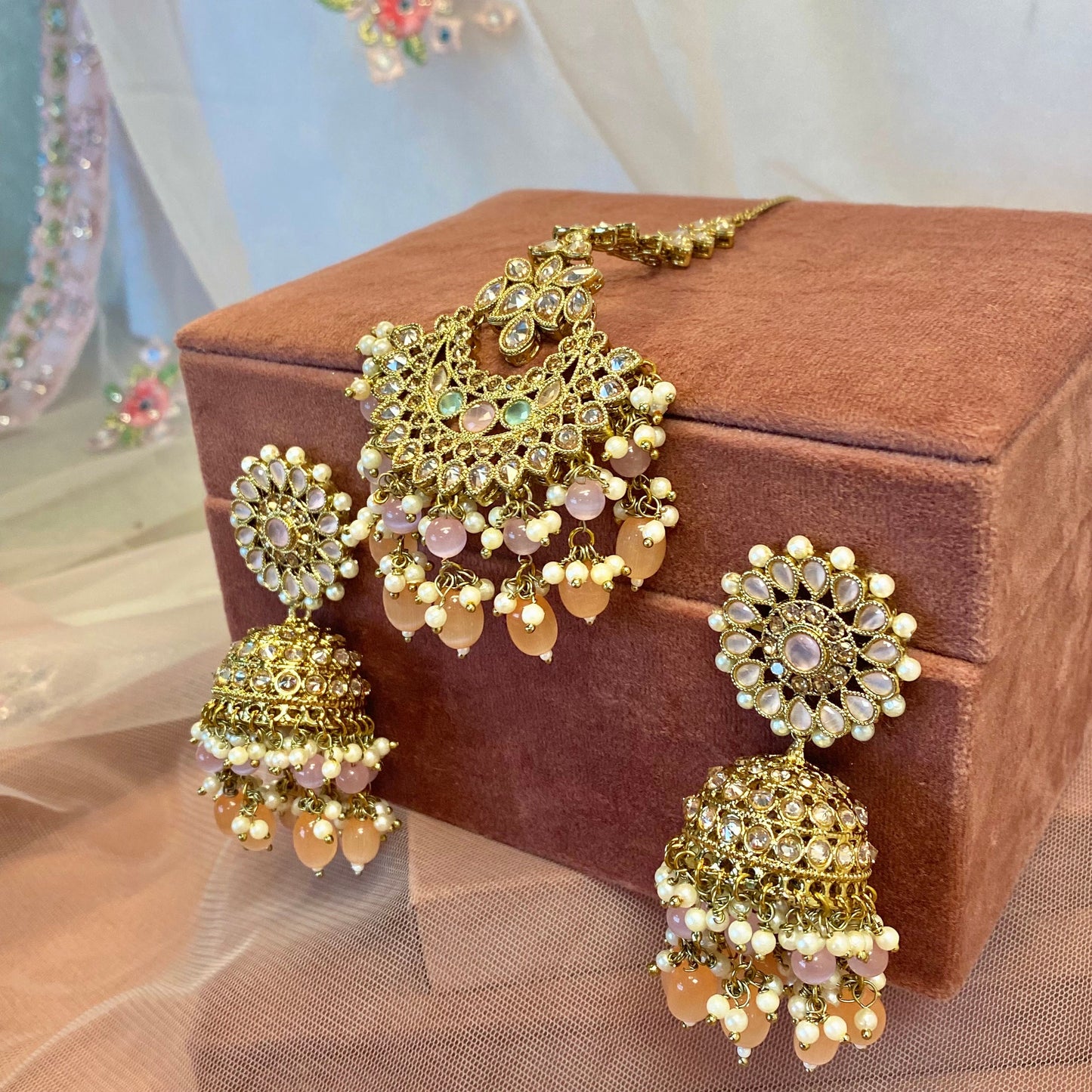 Floral Pastel Bridal Double Necklace Set (Peach/Pink)