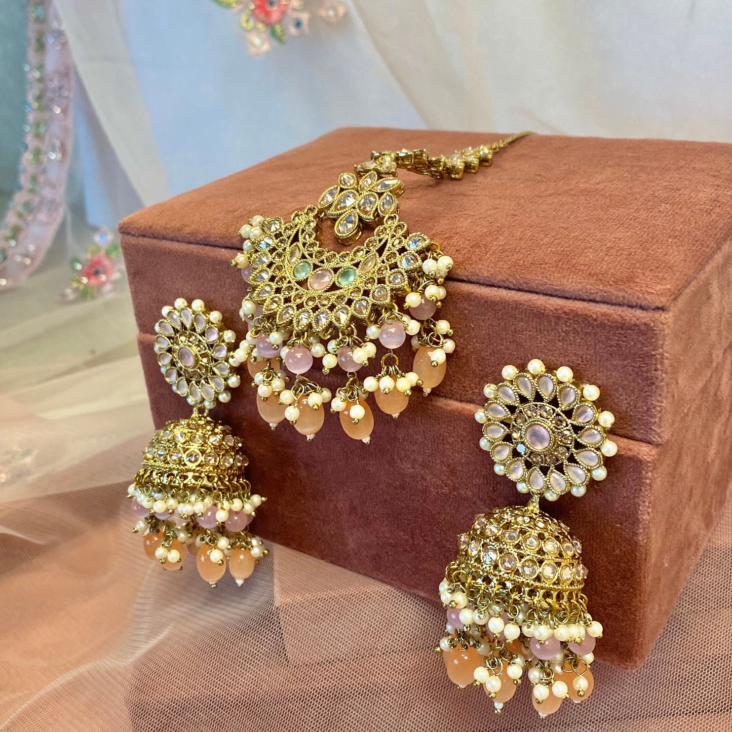 Floral Pastel Bridal Double Necklace Set (Peach/Pink)