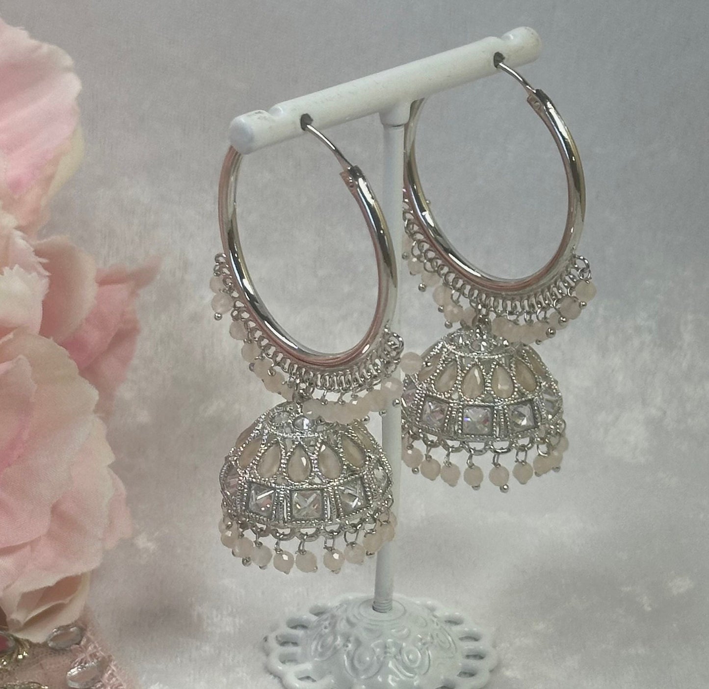 Light Peach/Silver Medium Jhumka Earrings
