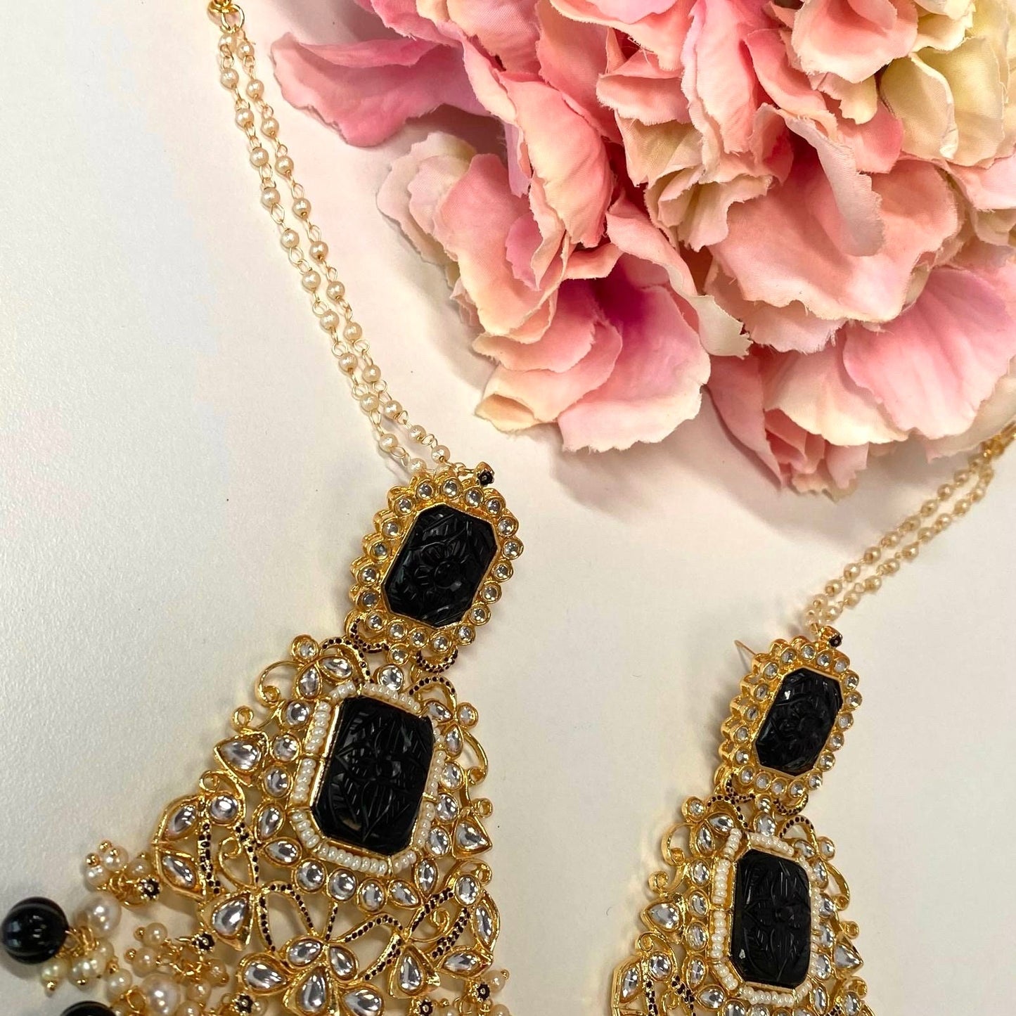 Large Faux-Kundan Earrings - Black Indian Style Earring/ Pakistani Fashion/ Fashion Jewellery/ Gift for Women