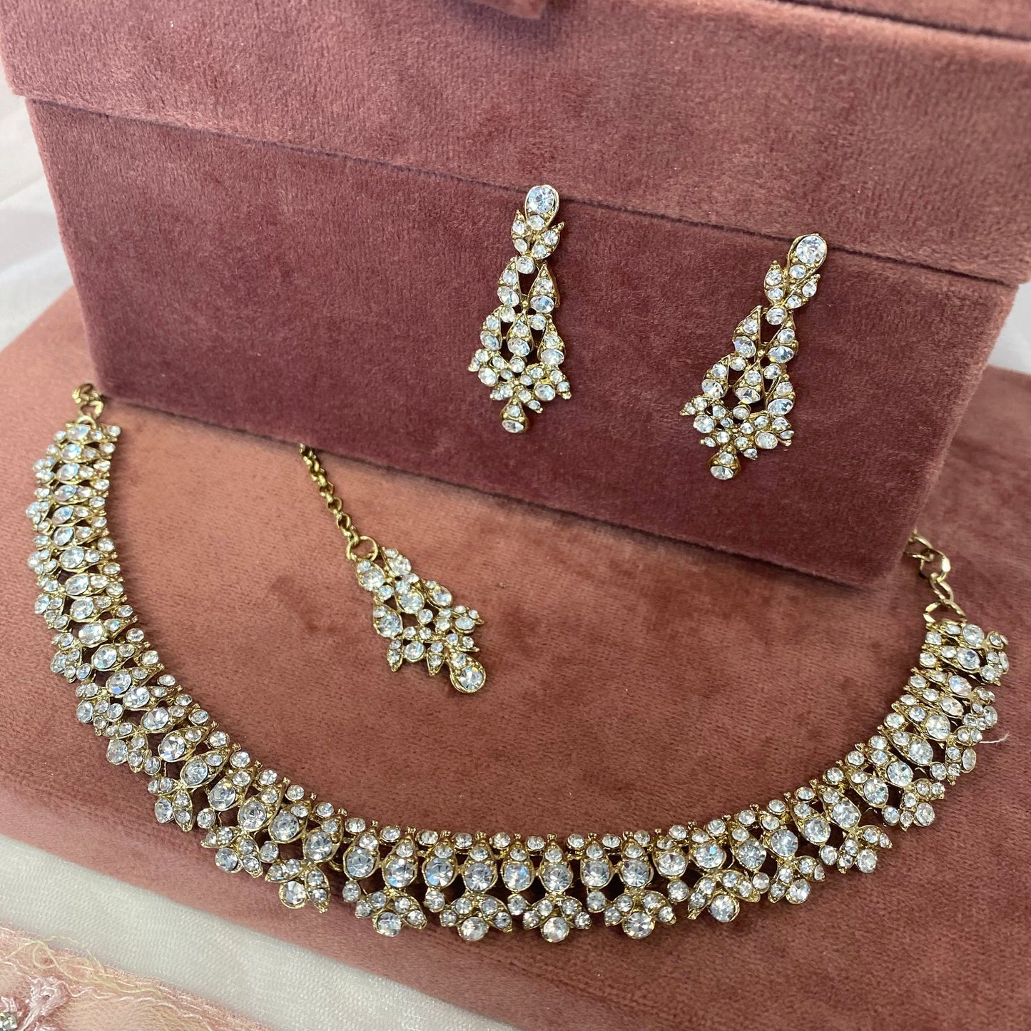 Stunning Necklace Set - Antique Gold and Silver/ Clear/ Reception/ Wedding/ Civil/Simple Set
