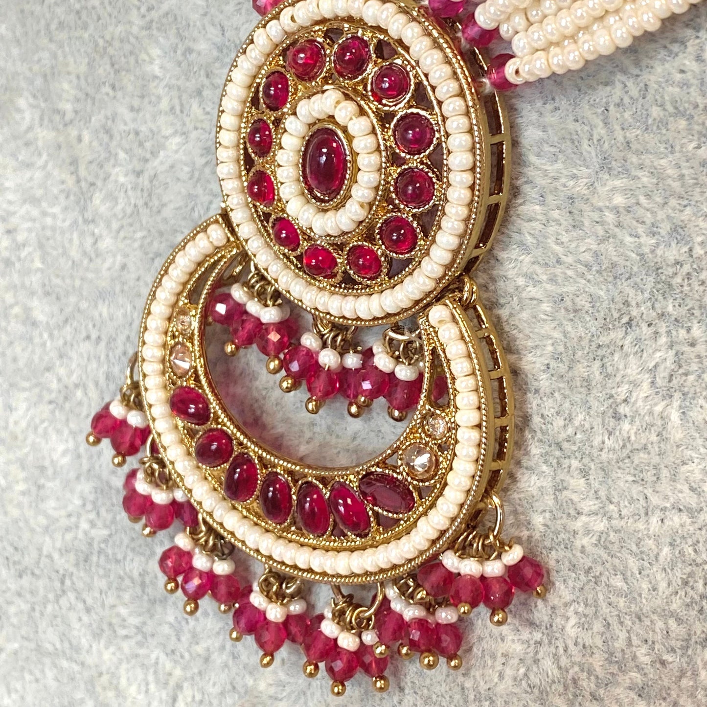 Pearl Necklace Set - Ruby/Long Necklace/Haar/Mala/ Earring/ Tikka/ Tikli/ Indian/ Pakistani/Fashion Jewellery/ Gift for Women