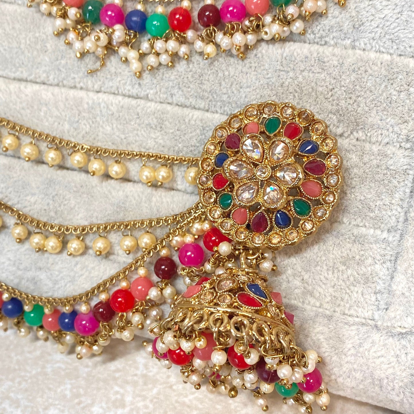 Multi Colour Jhumka Earrings With Ear Chains