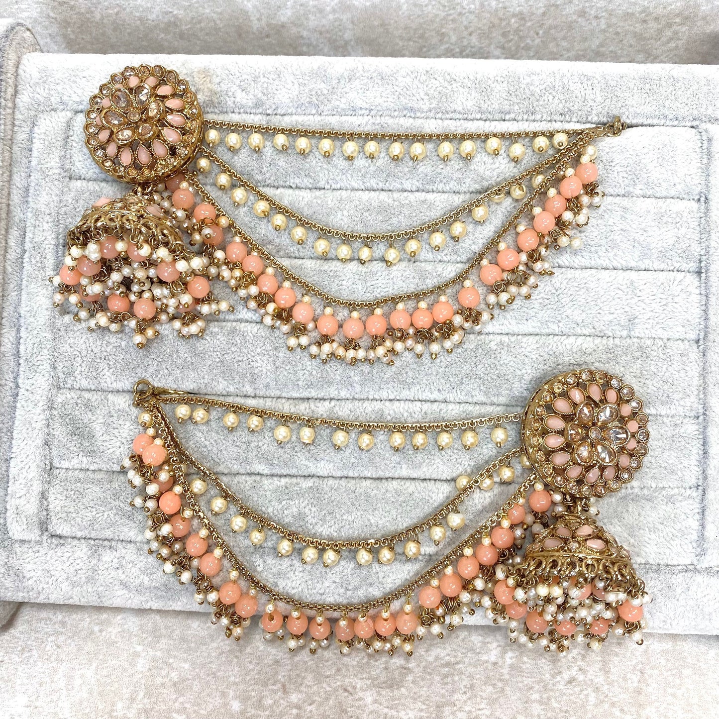 Peach Jhumka Earrings With Ear Chains/ Fashion Jewellery/ Gift for Women/Indian/Pakistani style