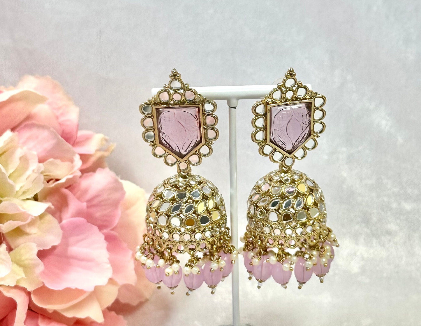 Large Mirror Jhumka Earrings - Lilac
