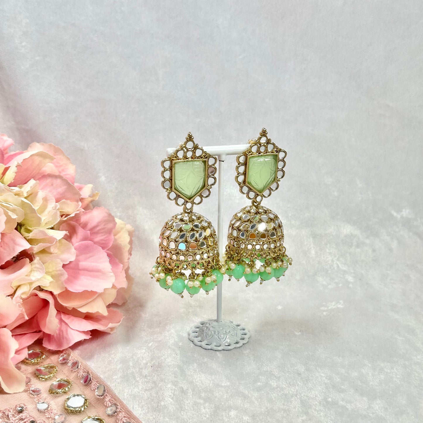 Large Mirror Jhumka Earrings - Mint
