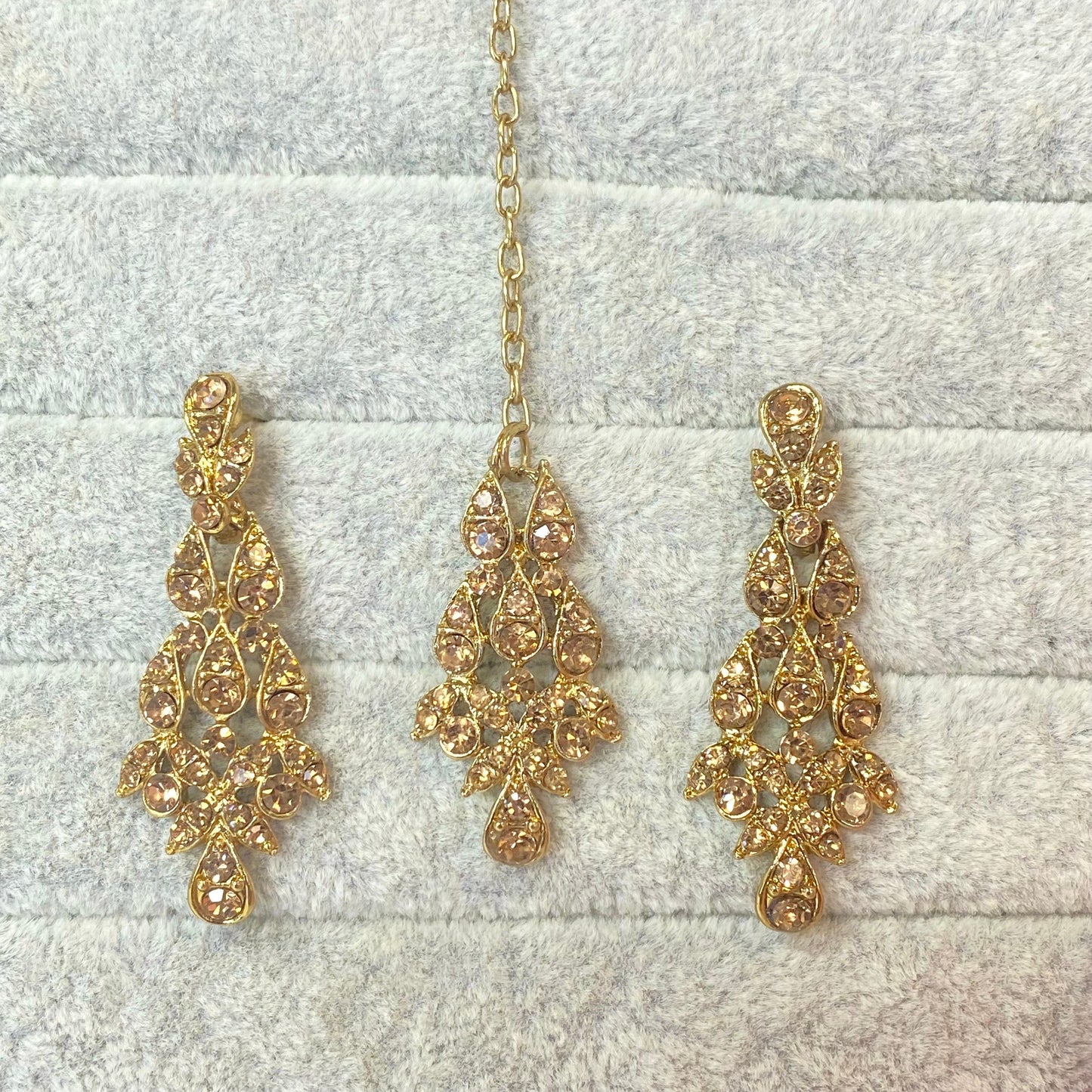 Elegant Earring and Tikka Set- Golden/ Small/ Simple/Flat Earring Indian/ Pakistani Style