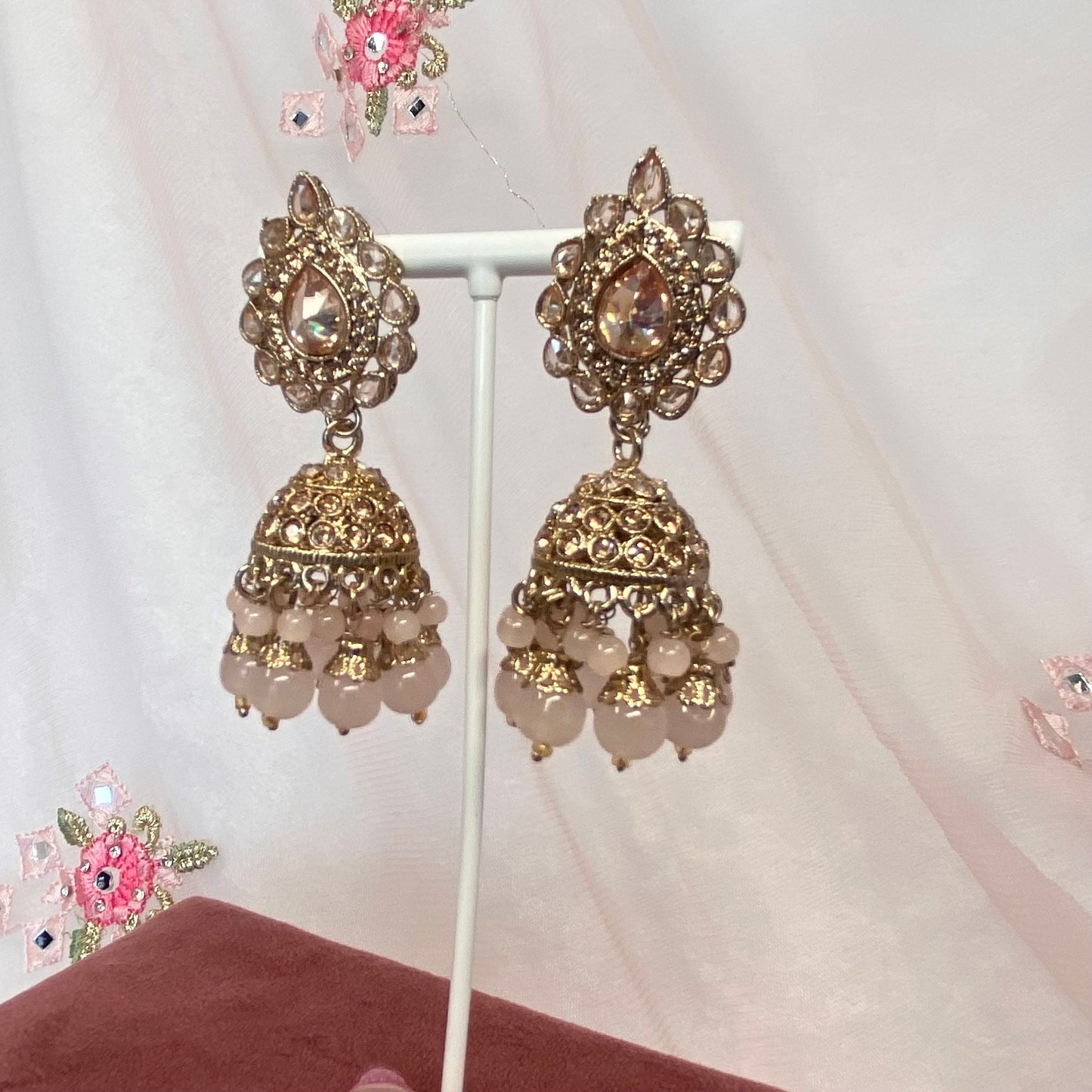 Medium Jhumka Earrings - Golden and Ligth Pink