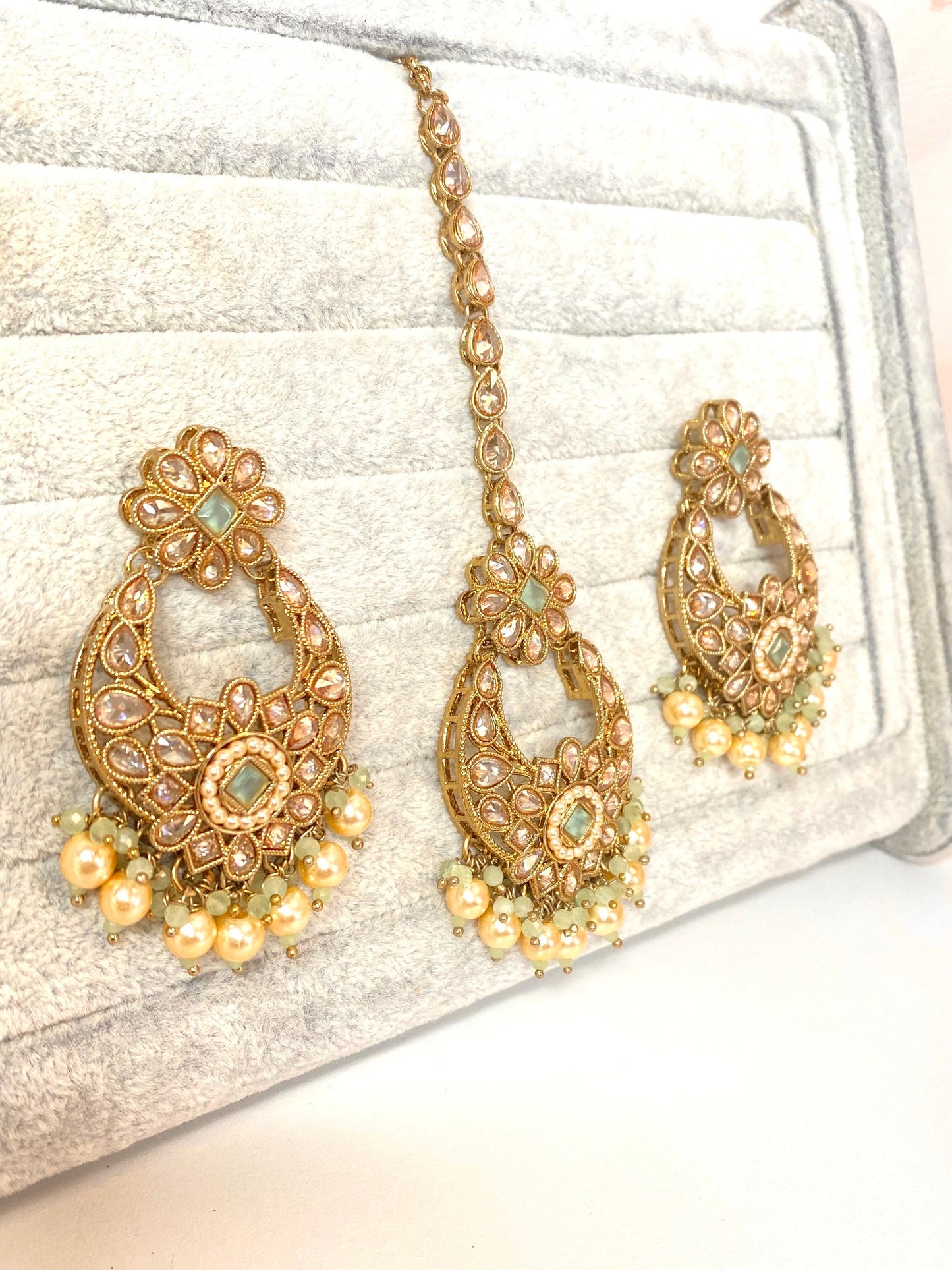 Crystal Indian Earrings and Tikka - Mint/ Flat Earring Indian/ Pakistani Style