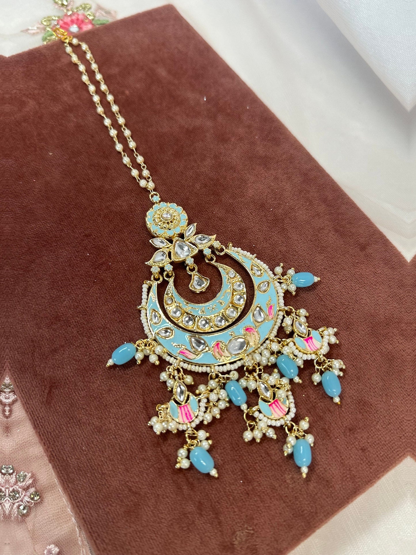 Meenakari/Hand-Painted Blue Large Tikka/ Tikli/ Indian/ Pakistani Fashion Jewellery/ Maang Tikkas