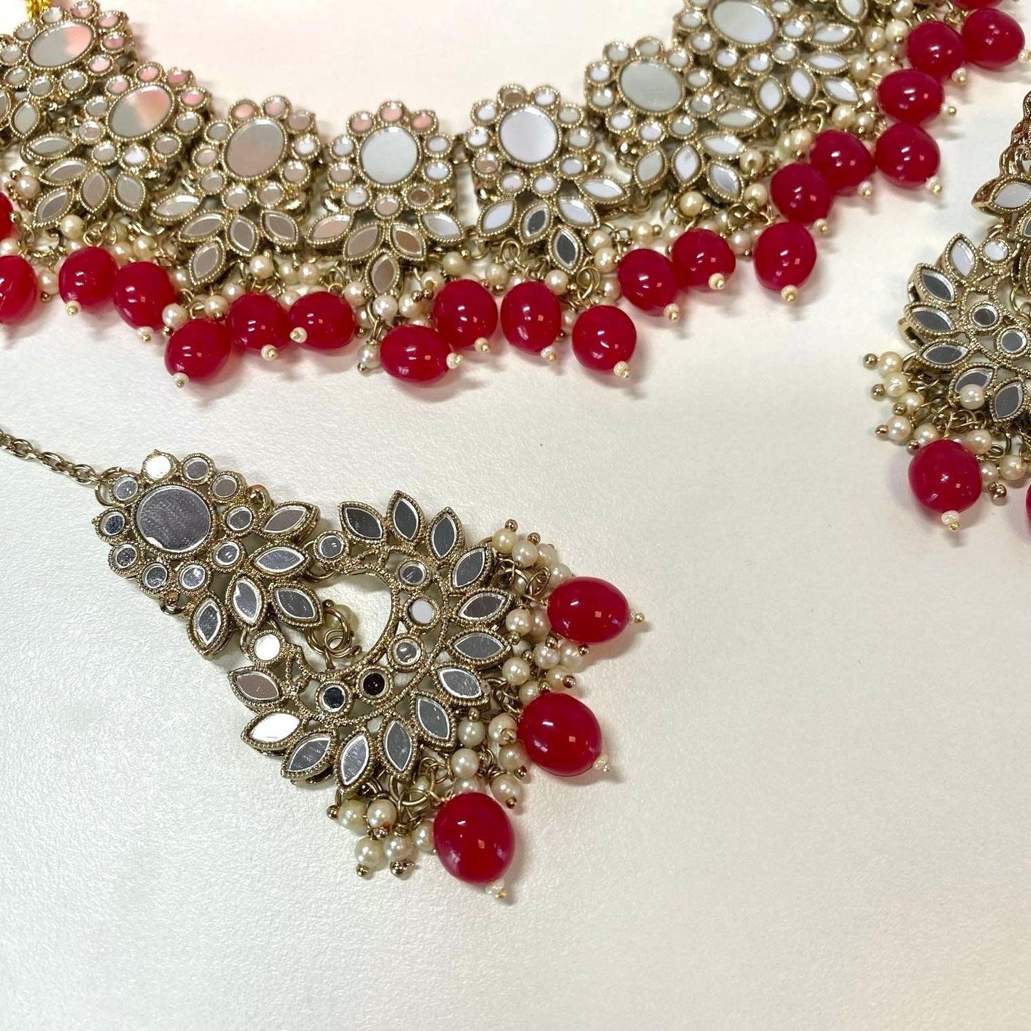 Mirror Choker Set - Ruby Earring/ Tikka/ Tikli/ Indian/ Pakistani/Fashion Jewellery/ Gift for Women