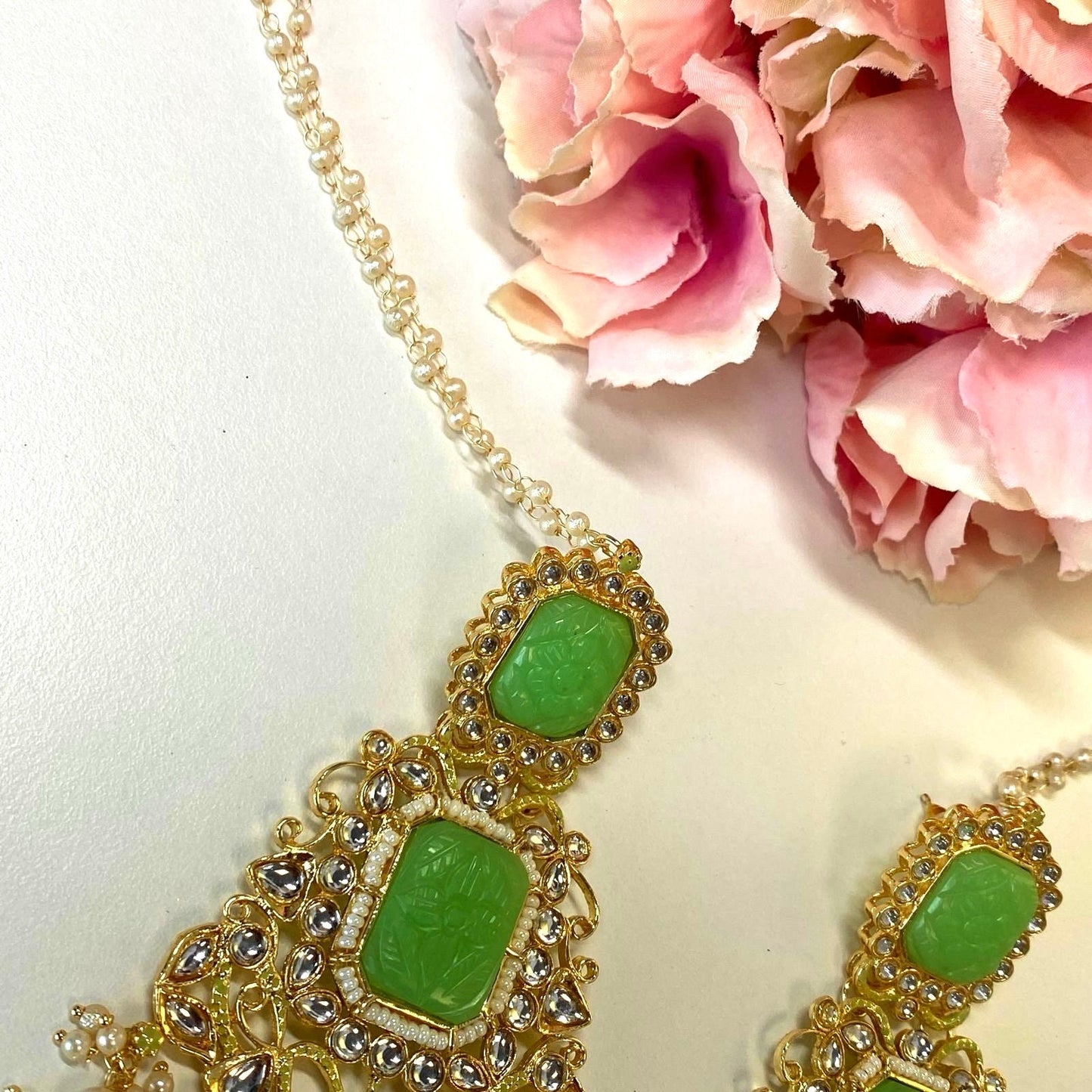Large Faux-Kundan Earrings - Light Green Indian Style Earring/ Pakistani Fashion/ Fashion Jewellery/ Gift for Women