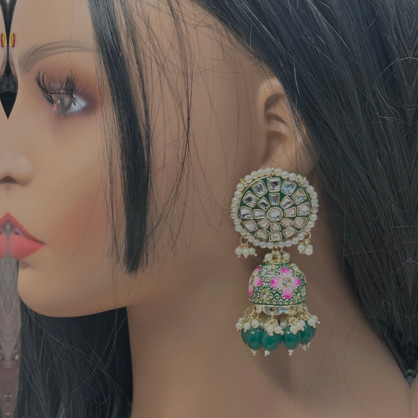 Faux Kundan Jhumka Earrings - Green/ Indian Style Earring
