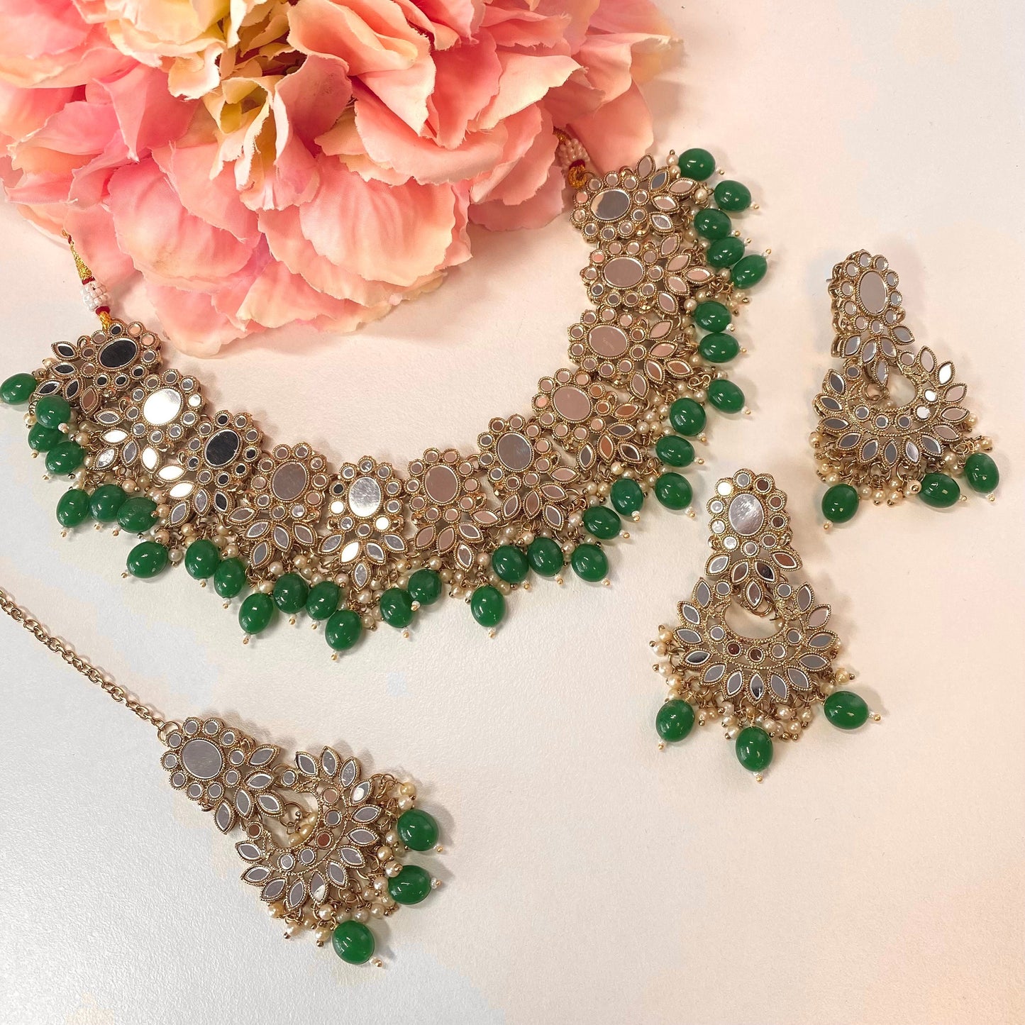 Mirror Choker Set - Green Earring/ Tikka/ Tikli/ Indian/ Pakistani/Fashion Jewellery/ Gift for Women
