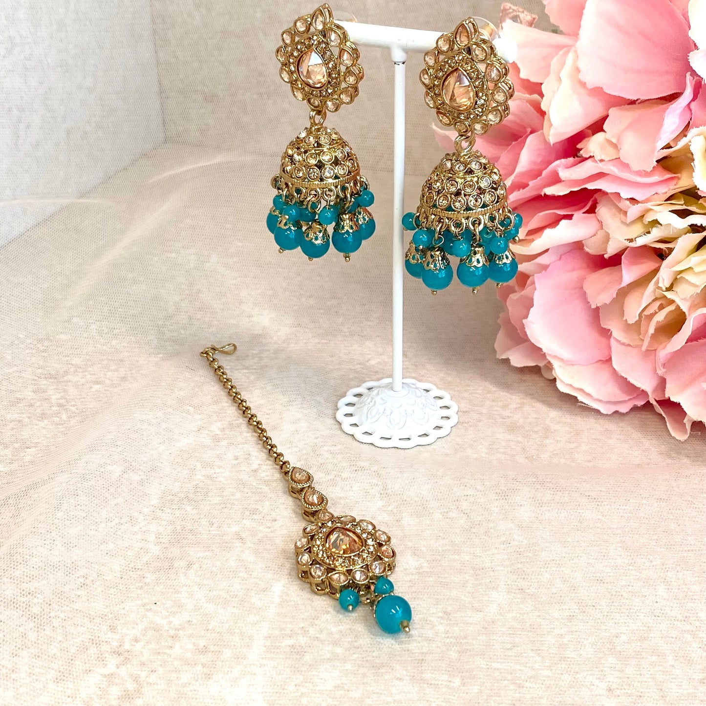 Teal Jhumka and Tikka set Indian Style Earring/ Pakistani Fashion/ Fashion Jewellery/ Gift for Women