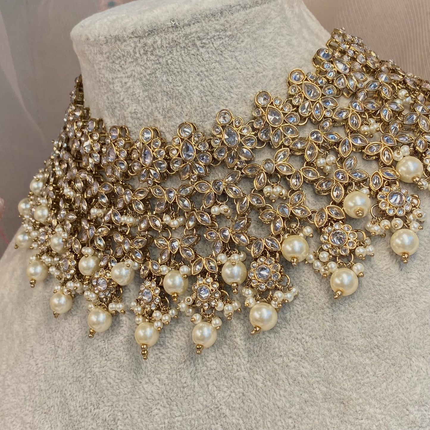 Bridal Clear Crystal Necklace set - Indian/ Pakistani Style/Bridal set/Wedding/ Light gold
